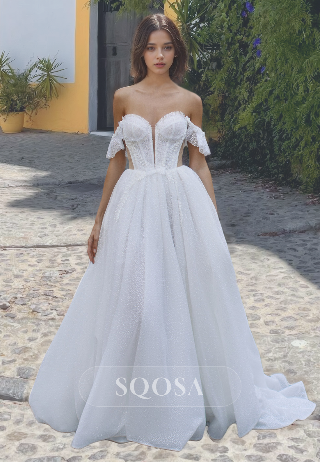 Sweetheart A-Line Wedding Dress Sleeveless Beaded Allover Lace Bridal Gowns with Train White / US4 Sweetheart A-Line Wedding Dress Sleeveless Beaded Allover Lace Bridal Gowns with Train White / US4