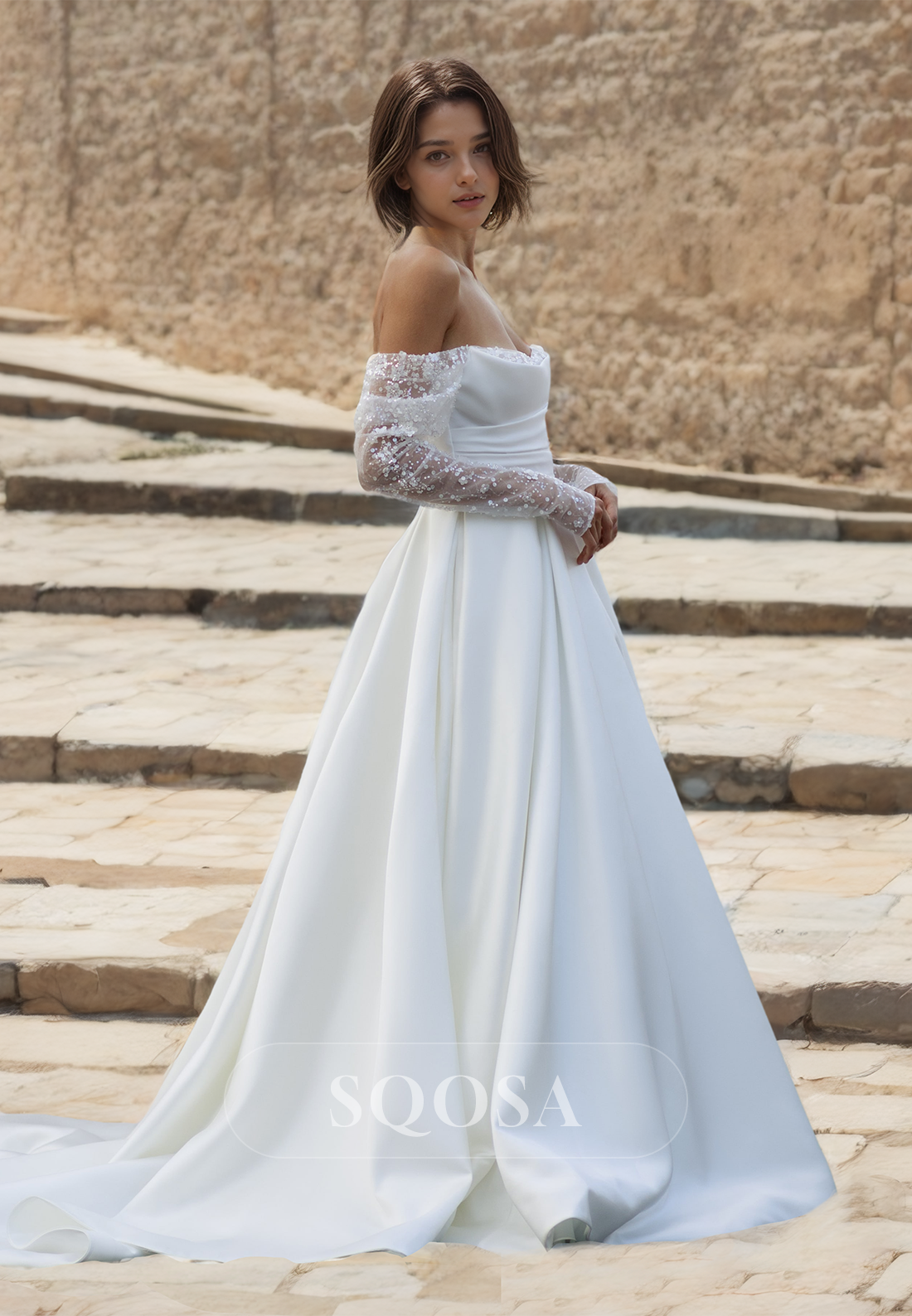 Tube Top Lace Half-Sleeves A-Line Bridal Gowns Pleated and Sequined Satin Wedding Dress Custom Color / US14 Tube Top Lace Half-Sleeves A-Line Bridal Gowns Pleated and Sequined Satin Wedding Dress Custom Color / US14