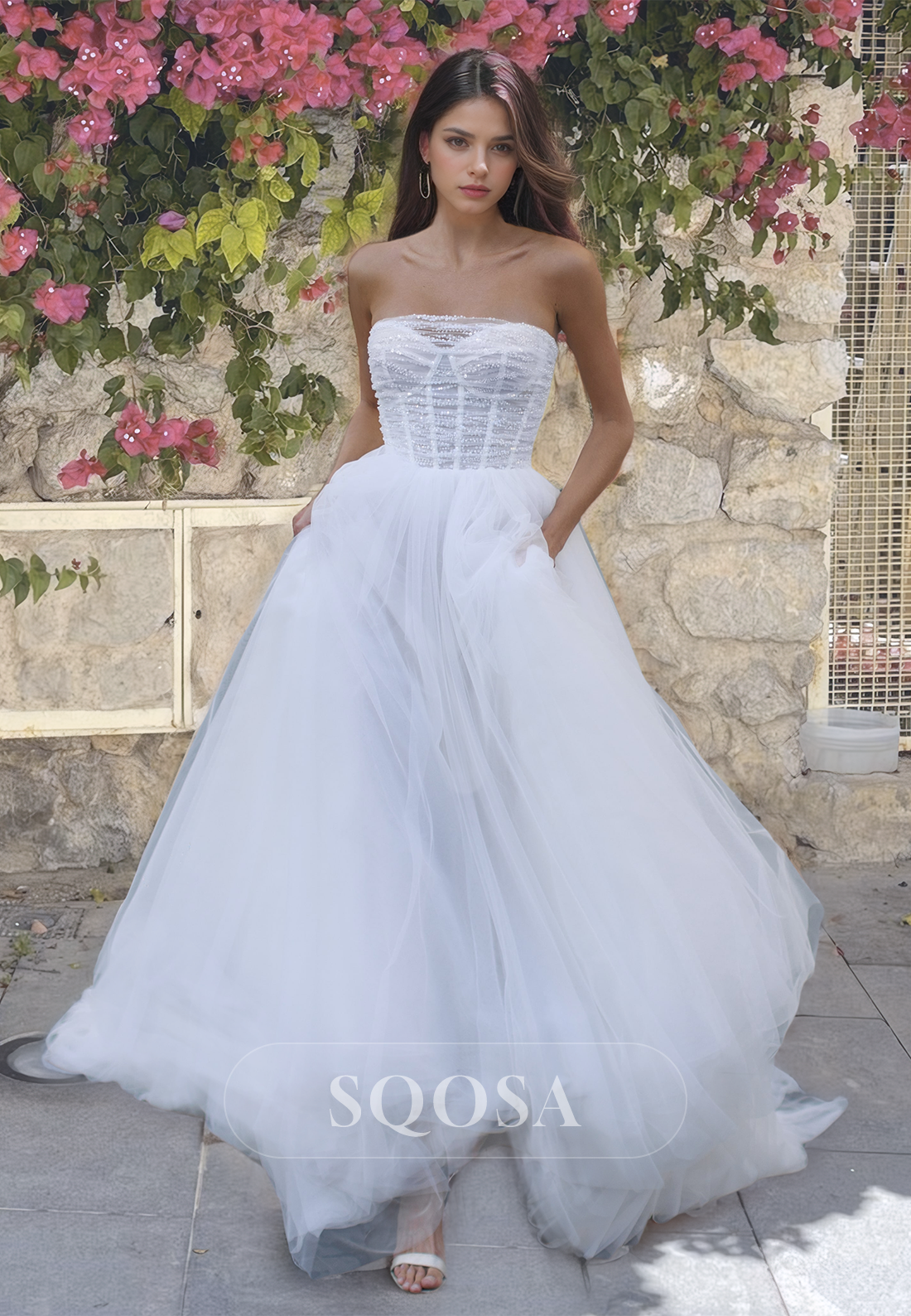 Sweetheart Sleeveless Beaded A-Line Bridal Dress Off-Shoulder Pleated – SQOSA Sweetheart Sleeveless Beaded A-Line Bridal Dress Off-Shoulder Pleated – SQOSA