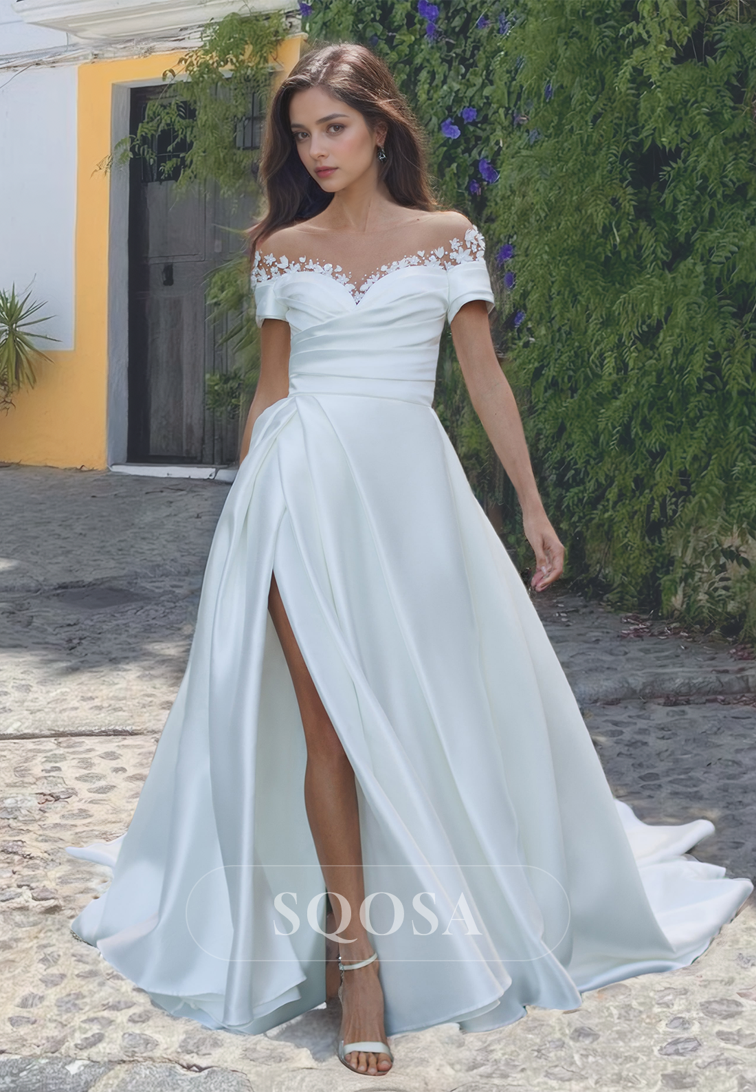 Sweetheart with Beaded and Applique A-Line Wedding Dress Pleated Slit with Train Bridal Gowns Custom Color / Custom Size Sweetheart with Beaded and Applique A-Line Wedding Dress Pleated Slit with Train Bridal Gowns Custom Color / Custom Size