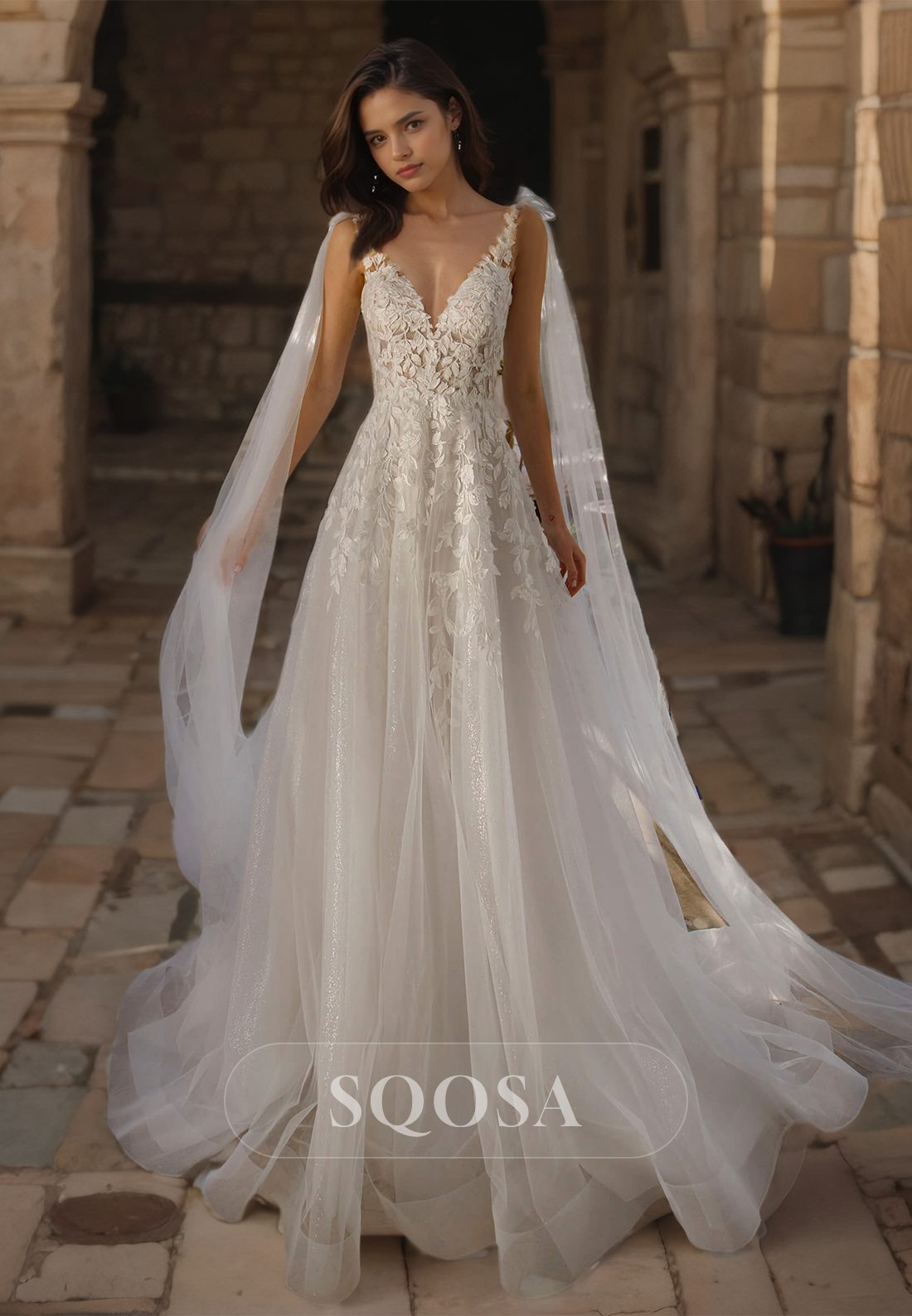 A-Line Deep V-neck Lace Applique Glitter-Knit Train Wedding Dress with Tulle Bows Trimmed Custom Color / US8 A-Line Deep V-neck Lace Applique Glitter-Knit Train Wedding Dress with Tulle Bows Trimmed Custom Color / US8
