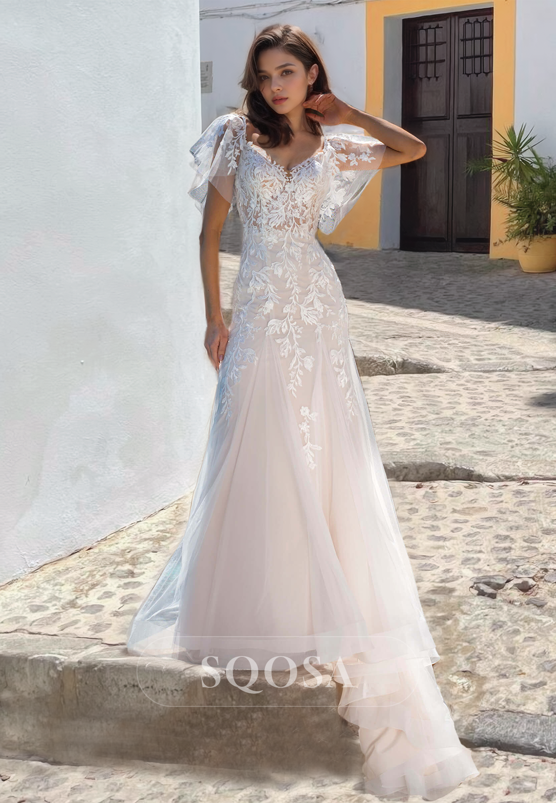 Spaghetti Straps V-Neck Fitted Bride Gowns Sleeveless Cutout Wedding Dress with Applique Custom Color / US14 Spaghetti Straps V-Neck Fitted Bride Gowns Sleeveless Cutout Wedding Dress with Applique Custom Color / US14