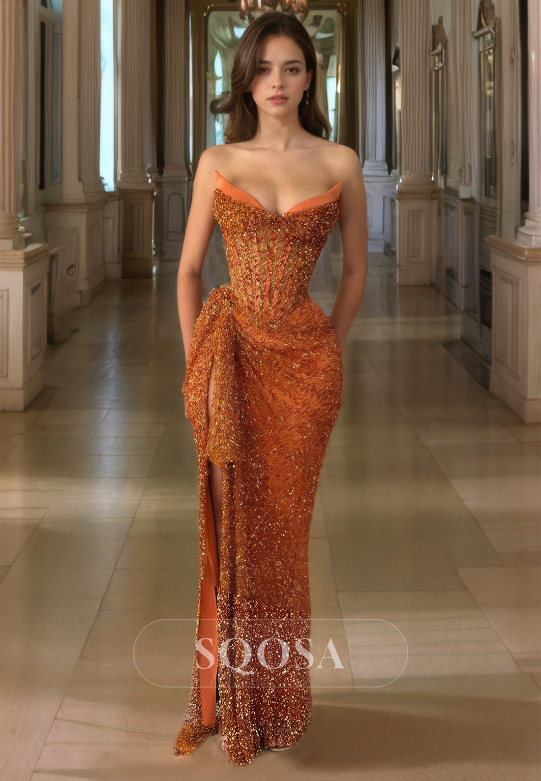 Glitter-Knit Floor-Length Pleated Party Dress Sweetheart Sleeveles Mermaid Prom Dress with Slit Orange / US14 Glitter-Knit Floor-Length Pleated Party Dress Sweetheart Sleeveles Mermaid Prom Dress with Slit Orange / US14
