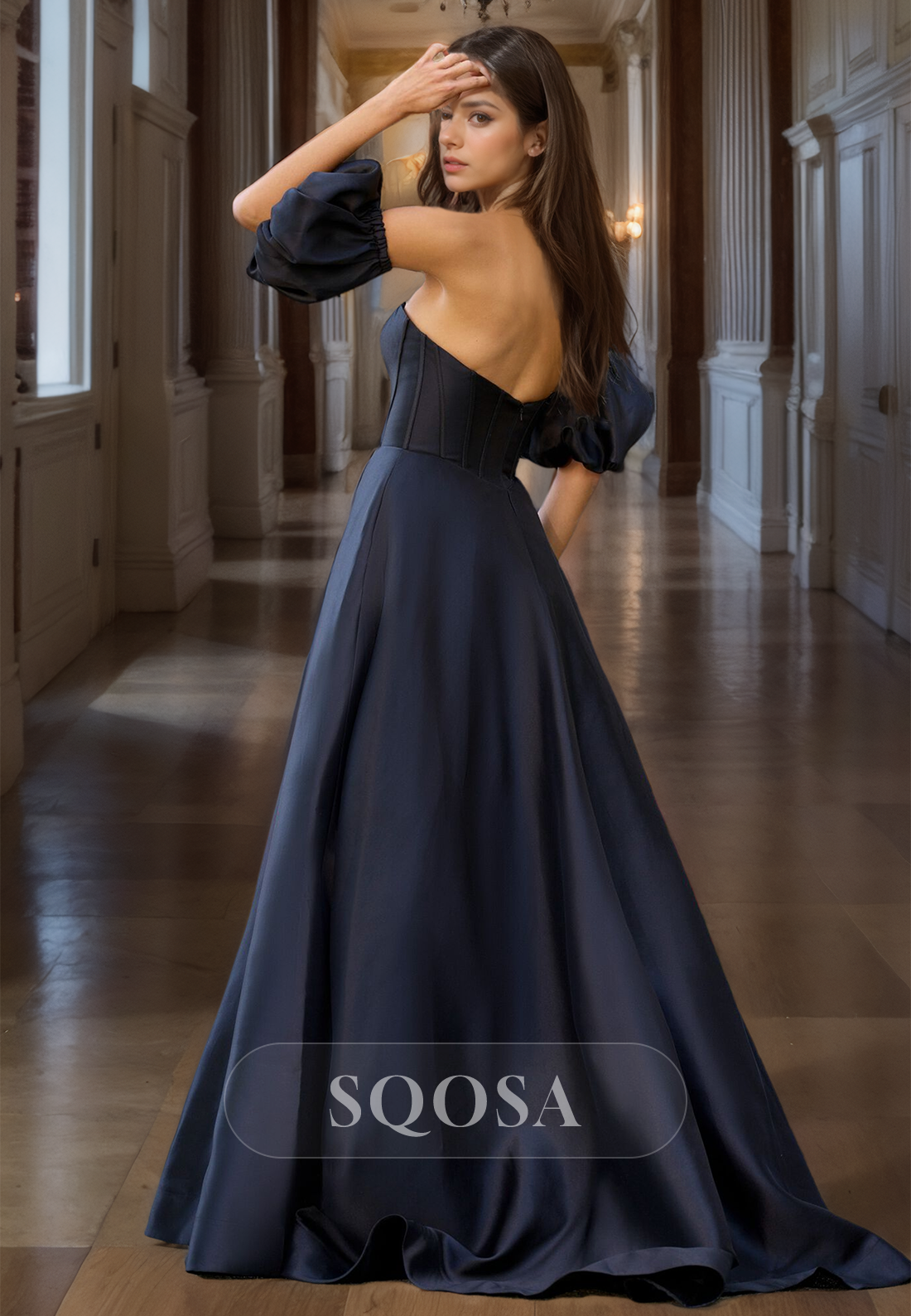 Off-Shoulder Sweetheart Sleeveless Satin Formal Gowns Pleated Cutout High Slit A-Line Prom Dress