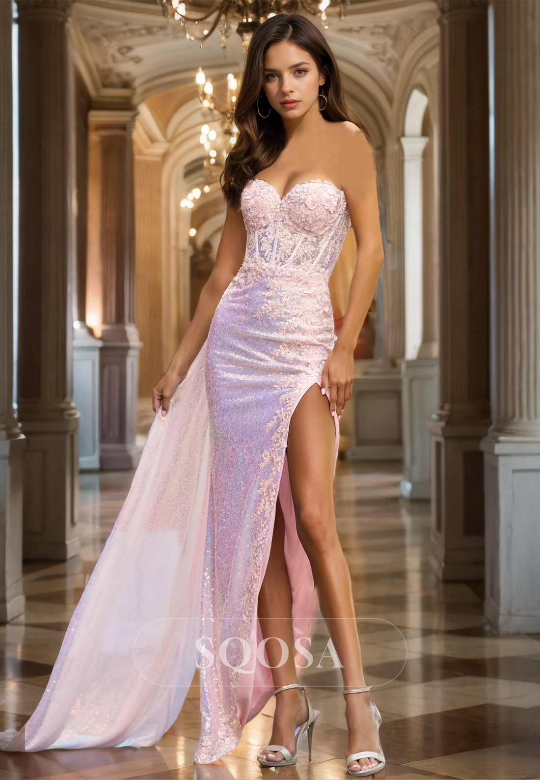 Sweetheart Glitter-Knit Formal Dinner Gowns Sleeveless Applique Fitted Prom Dress with Overlay Candy Pink / US8 Sweetheart Glitter-Knit Formal Dinner Gowns Sleeveless Applique Fitted Prom Dress with Overlay Candy Pink / US8