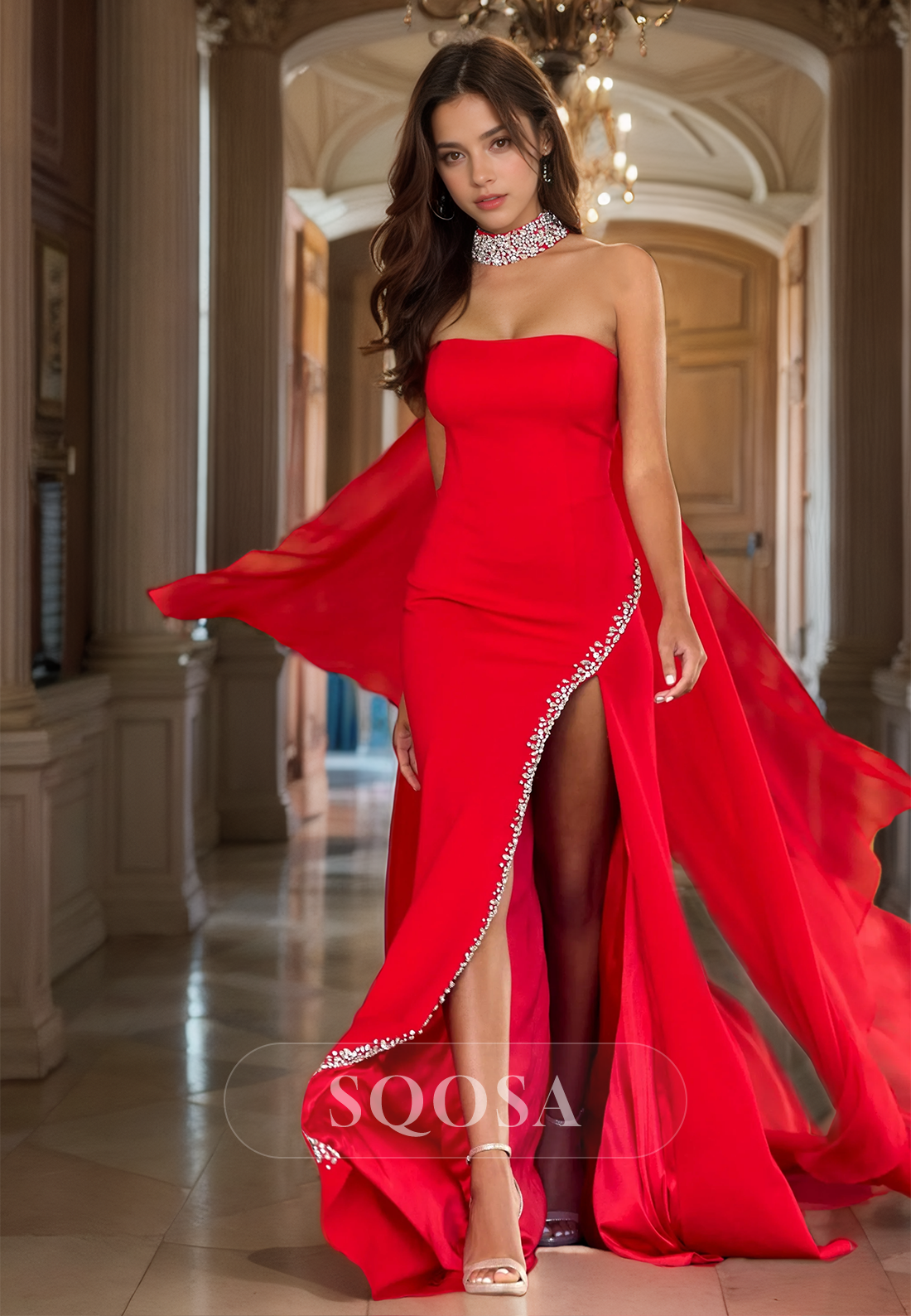 Beaded Neck Tube Top Sleeveless Fitted Prom Dress Satin High Slit Form SQOSA Beaded Neck Tube Top Sleeveless Fitted Prom Dress Satin High Slit Form SQOSA
