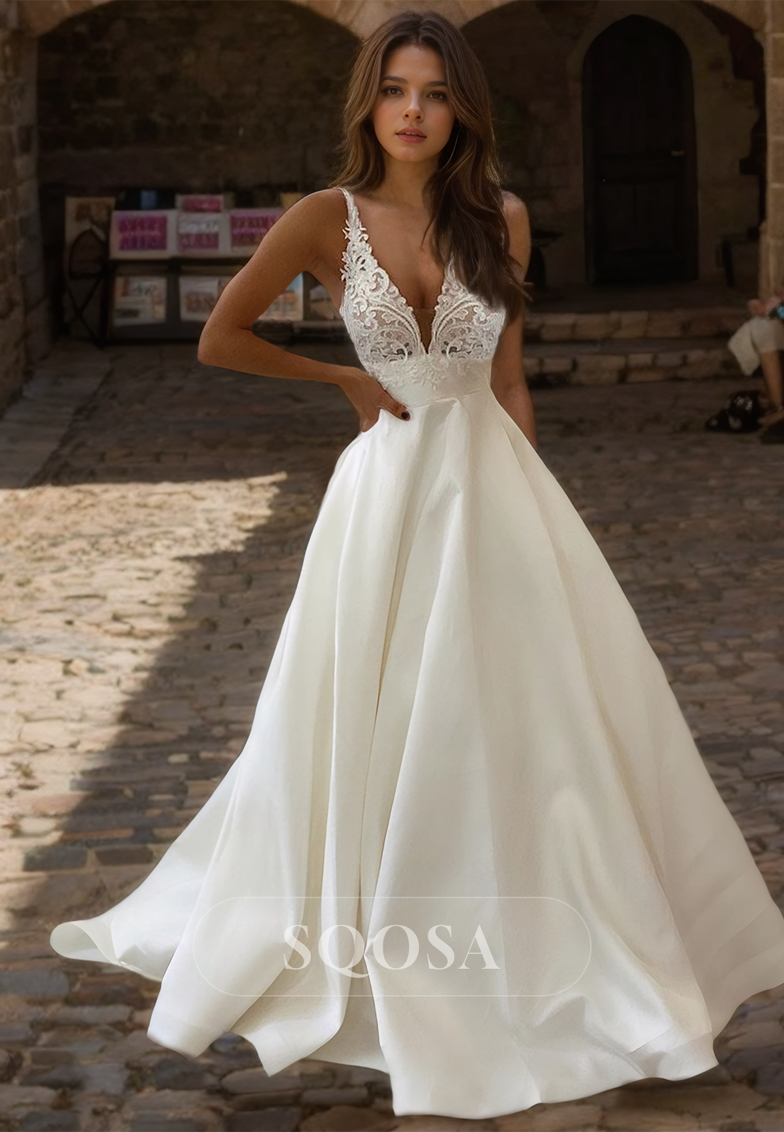 Deep V-Neck Sleeveless A-Line Wedding Dress Spaghetti Straps Applique SQOSA Deep V-Neck Sleeveless A-Line Wedding Dress Spaghetti Straps Applique SQOSA