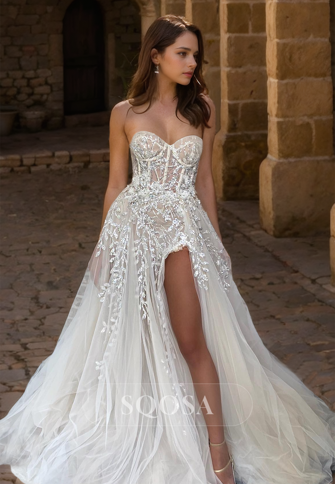 Sweetheart A-Line Tulle Beach Bride Gowns Sleeveless Beaded and Applique Slit Train Wedding Dress White / US16 Sweetheart A-Line Tulle Beach Bride Gowns Sleeveless Beaded and Applique Slit Train Wedding Dress White / US16