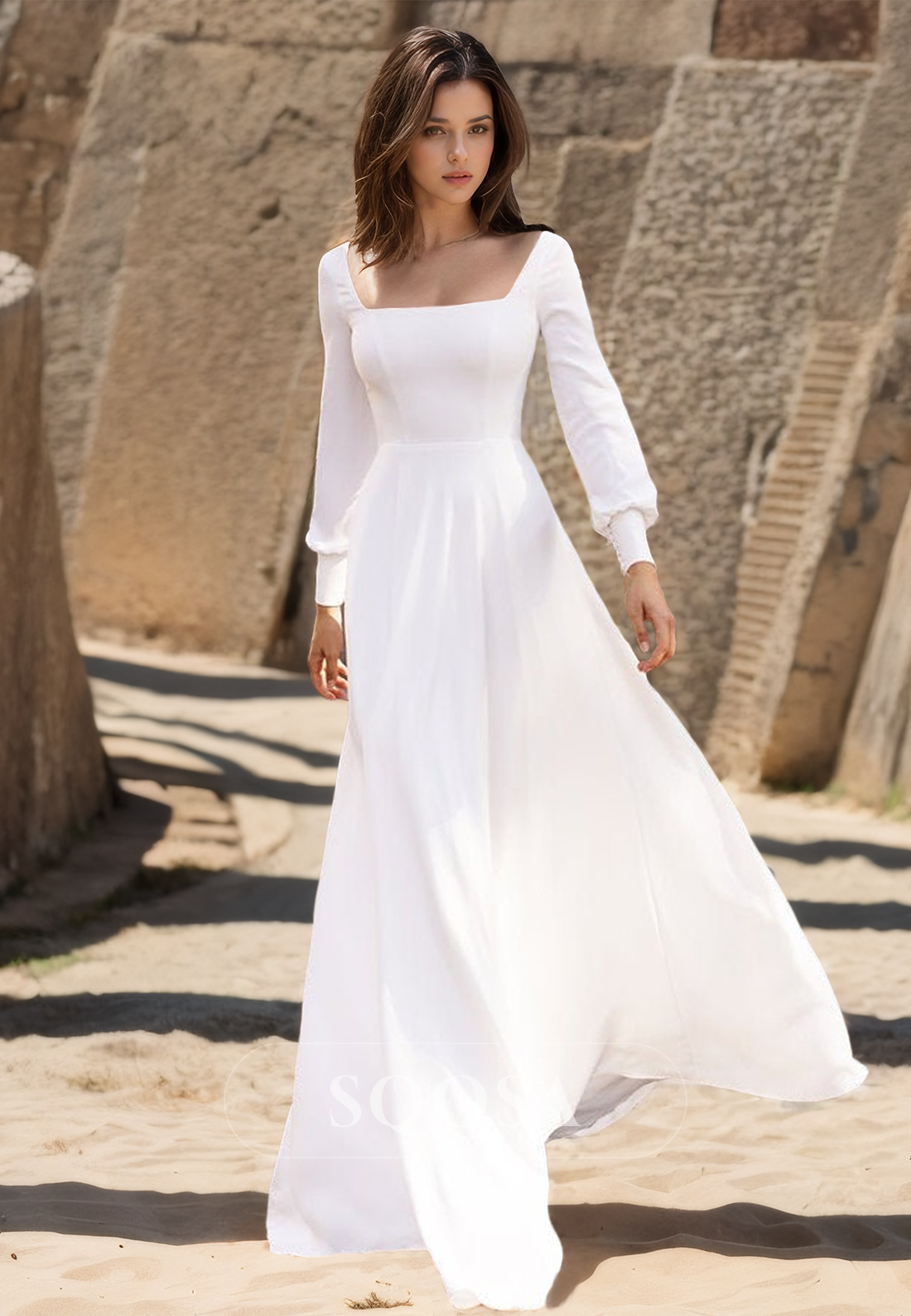 Square-Neck Long-Sleeves A-Line Boho Beach Wedding Dress Simple Satin SQOSA Square-Neck Long-Sleeves A-Line Boho Beach Wedding Dress Simple Satin SQOSA