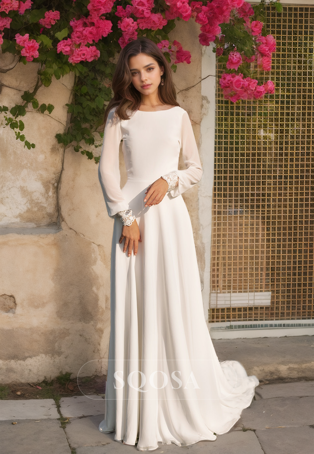 Long-Sleeves Scoop-Neck Chiffon A-Line Train Boho Beach Wedding Dress with Lace Trimmed White / US4 Long-Sleeves Scoop-Neck Chiffon A-Line Train Boho Beach Wedding Dress with Lace Trimmed White / US4
