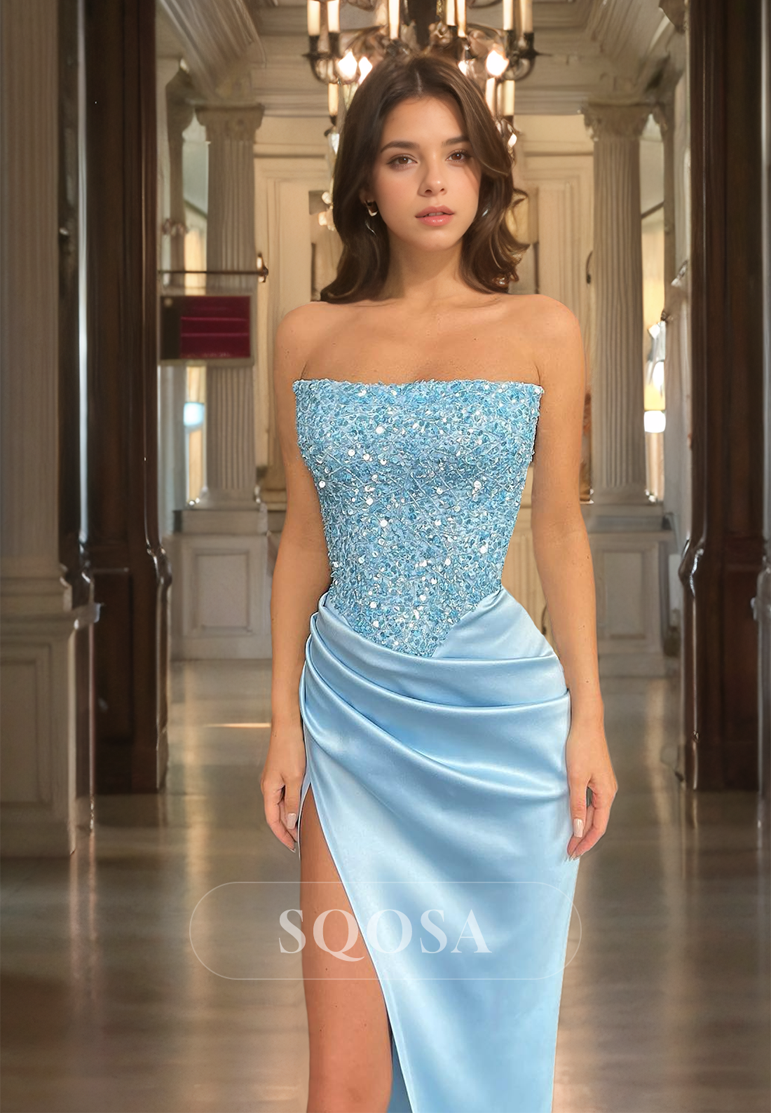 Tube Top Sleeveless Mermaid Formal Gowns Beaded Pleated Floor-Length Prom Dress with High Slit