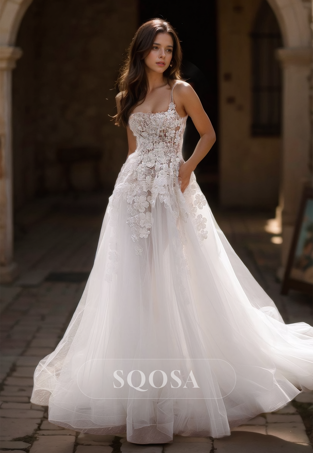 Tube Top Spaghetti Straps Tulle A-Line Wedding Dress Floral Embossed Beaded Applique with Train Bride Dress Custom Color / US12 Tube Top Spaghetti Straps Tulle A-Line Wedding Dress Floral Embossed Beaded Applique with Train Bride Dress Custom Color / US12