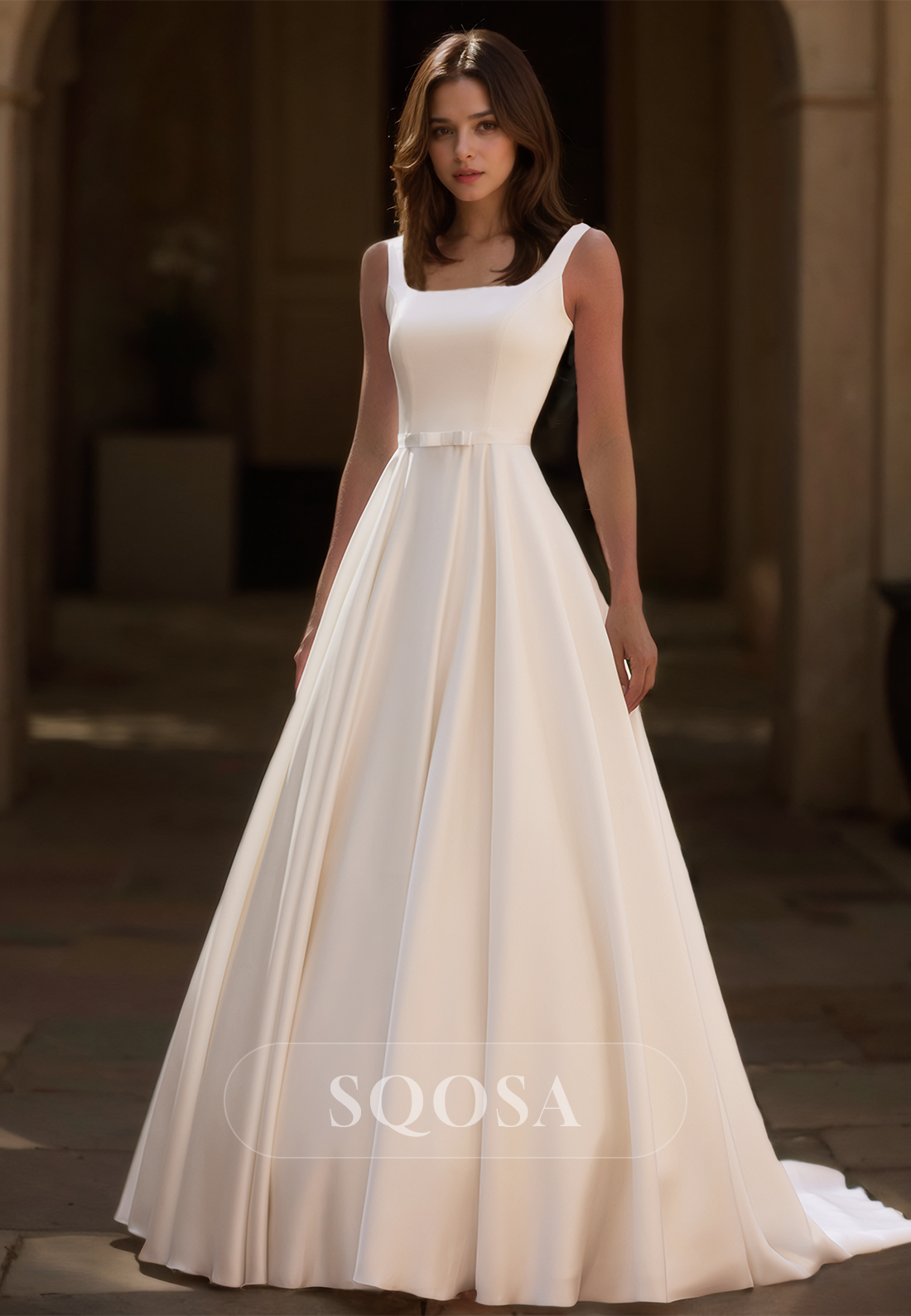 Simple Square-Neck Straps Off-Shoulder Bride Gowns Sleeveless Satin A-Line Wedding Dress Custom Color / Custom Size Simple Square-Neck Straps Off-Shoulder Bride Gowns Sleeveless Satin A-Line Wedding Dress Custom Color / Custom Size
