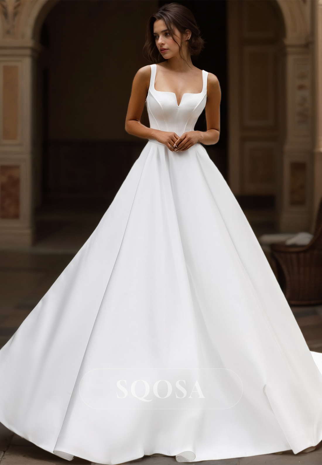 Square-Neck Straps Sleeveless A-Line Wedding Dress Off-Shoulder Pleated Satin Train Bride Gowns Custom Color / US14 Square-Neck Straps Sleeveless A-Line Wedding Dress Off-Shoulder Pleated Satin Train Bride Gowns Custom Color / US14