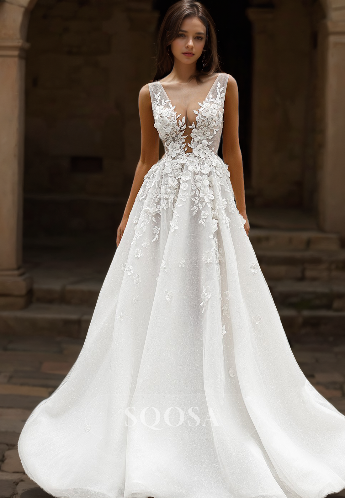 Sleeveless Deep V-Neck Straps Wedding Dress Glitter-Knit with Applique SQOSA Sleeveless Deep V-Neck Straps Wedding Dress Glitter-Knit with Applique SQOSA