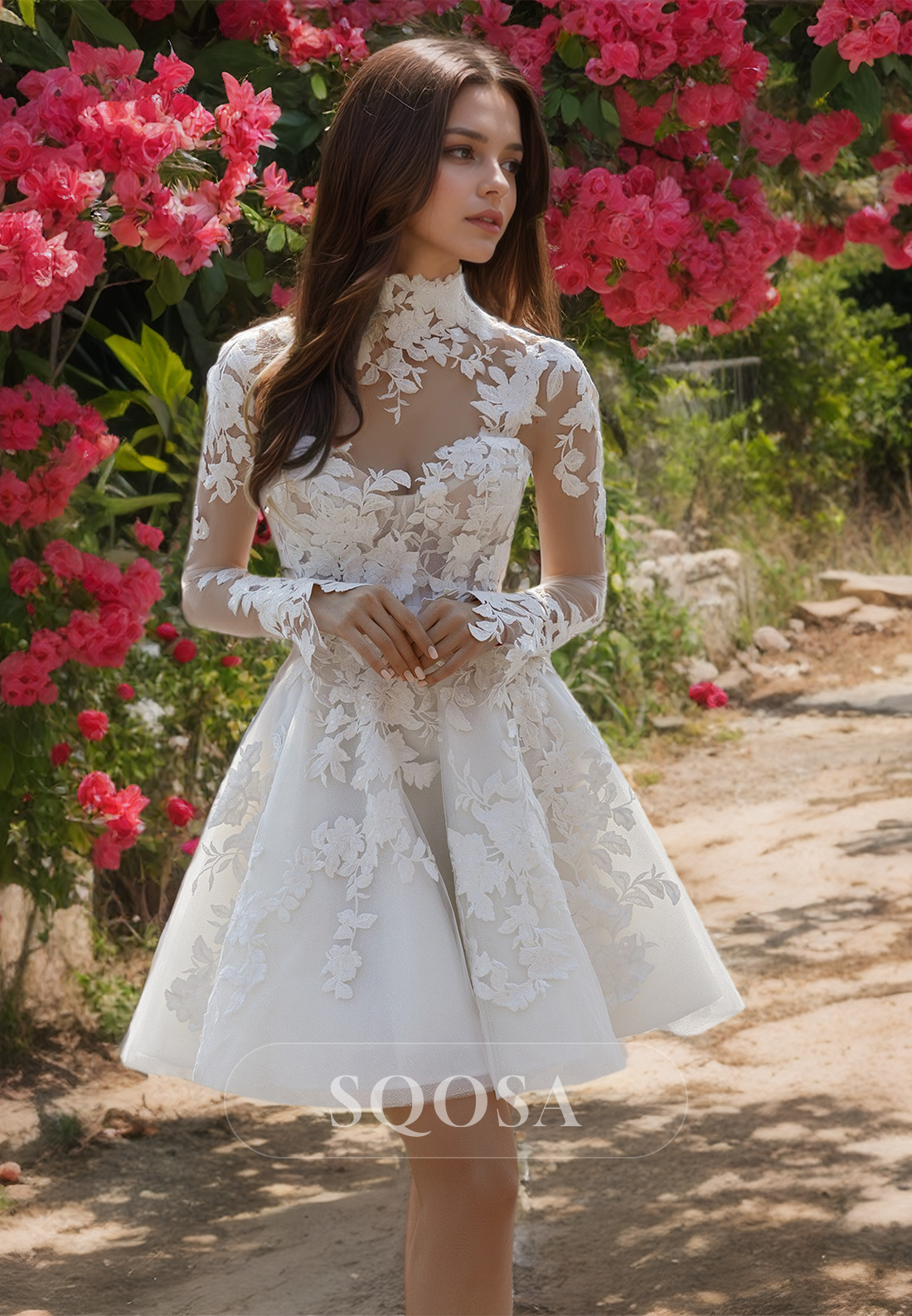 high neck short wedding dress Short Sleeve High Neck Wedding Dress with Open Back Rosymae