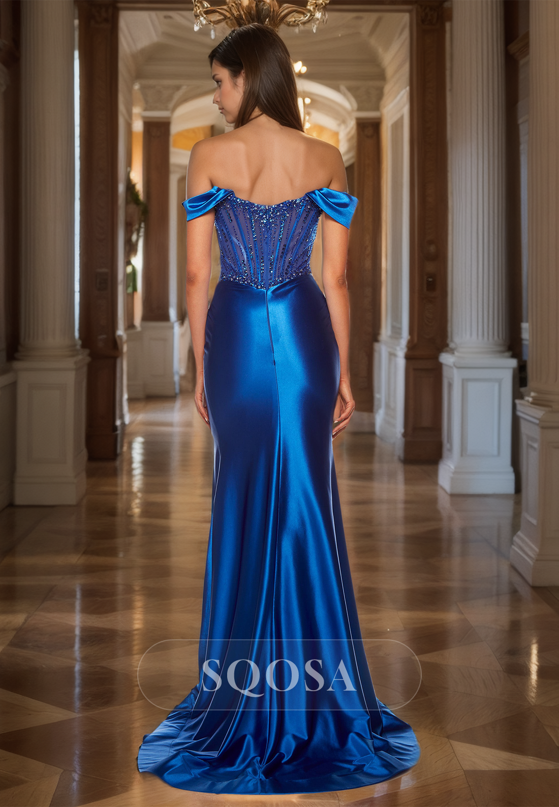 Scoop-Neck Off-Shoulder Sleeveless Formal Gowns Beaded Pleated High Slit Mermaid Prom Dress