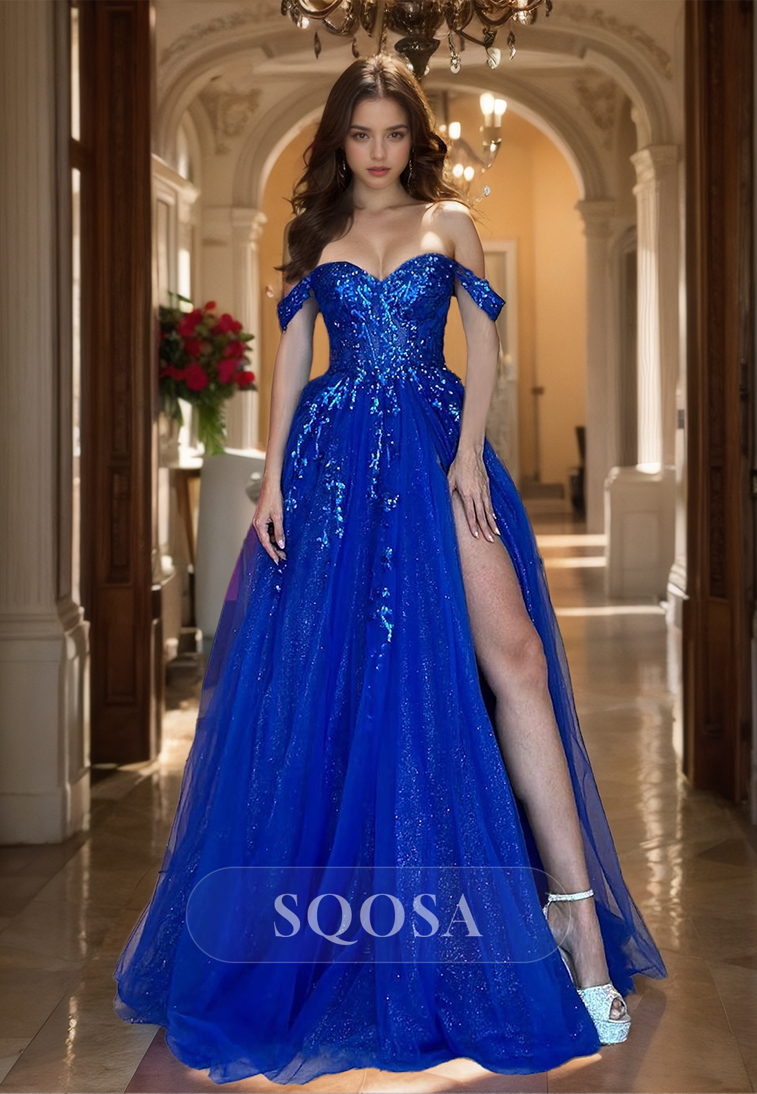 A-Line Sweetheart Off-Shoulder Sleeveless Glitter-Knit Lace Applique Prom Dress with High Slit Custom Color / Custom Size A-Line Sweetheart Off-Shoulder Sleeveless Glitter-Knit Lace Applique Prom Dress with High Slit Custom Color / Custom Size
