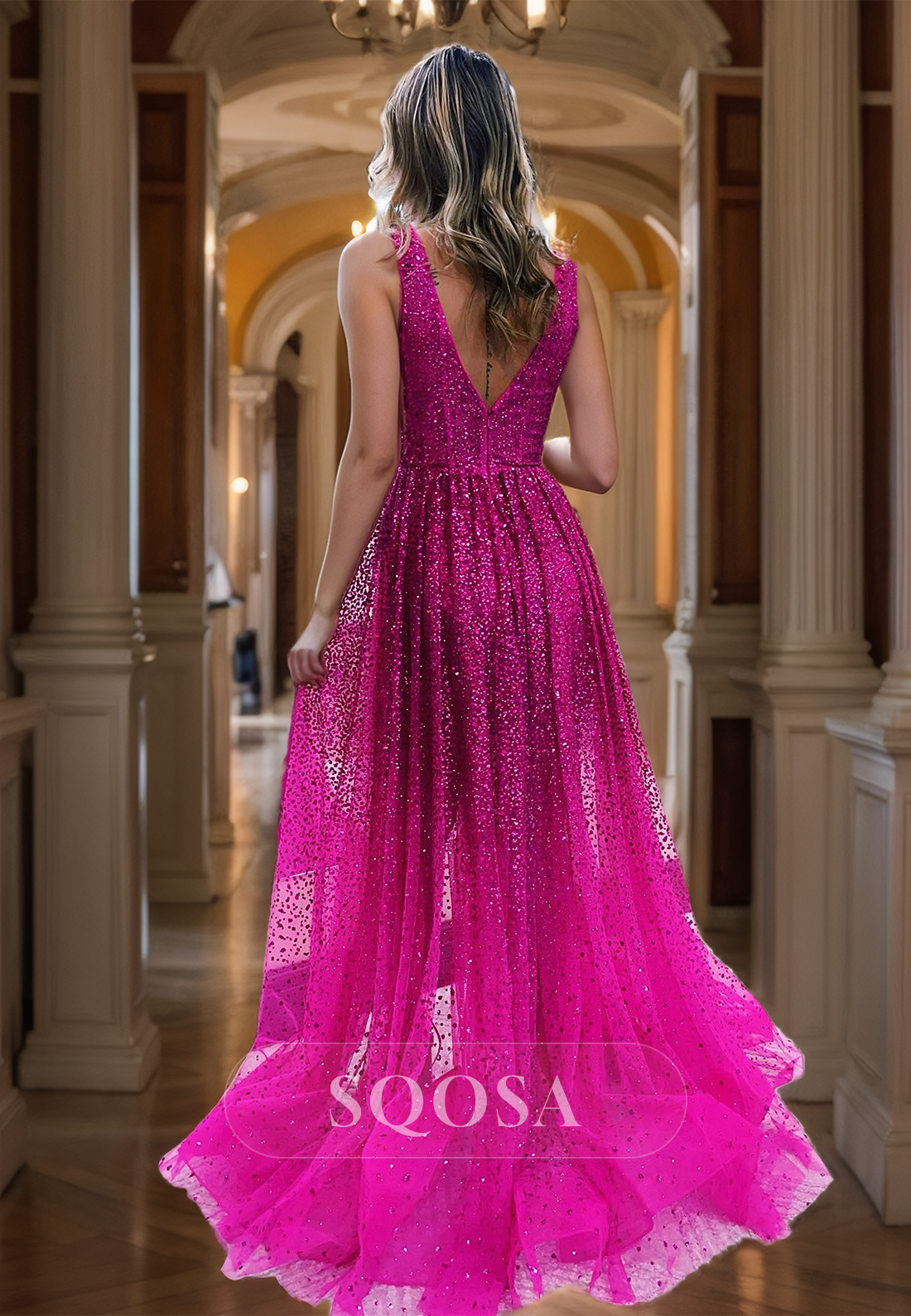 Off-Shoulder Straps V-Neck Sleeveless Formal Gowns Fully Beaded Pleated Sheer A-Line Prom Dress