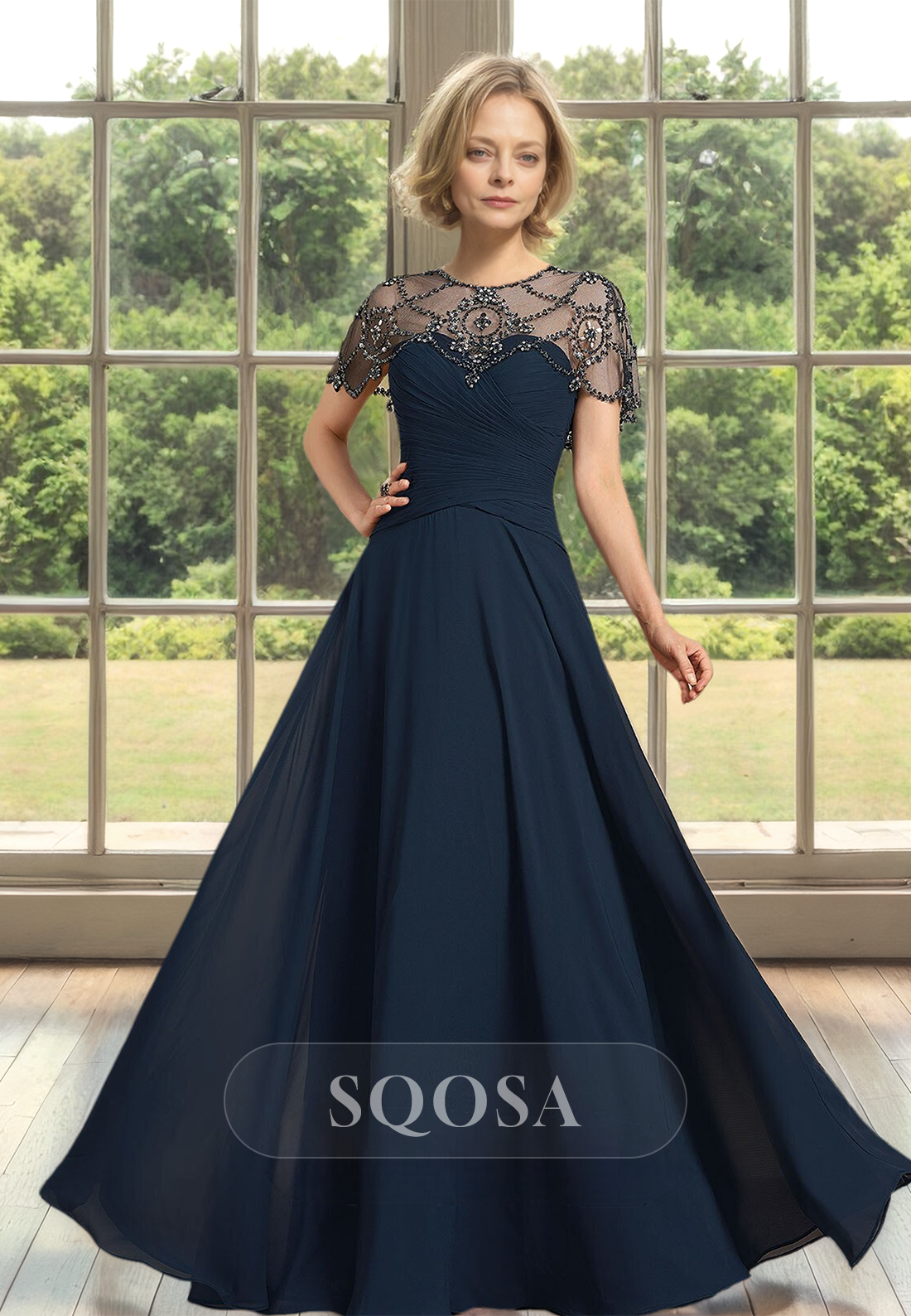 Scoop-Neck Short-Sleeves Satin A-Line Mother of the Bride Dress Pleate SQOSA Scoop-Neck Short-Sleeves Satin A-Line Mother of the Bride Dress Pleate SQOSA