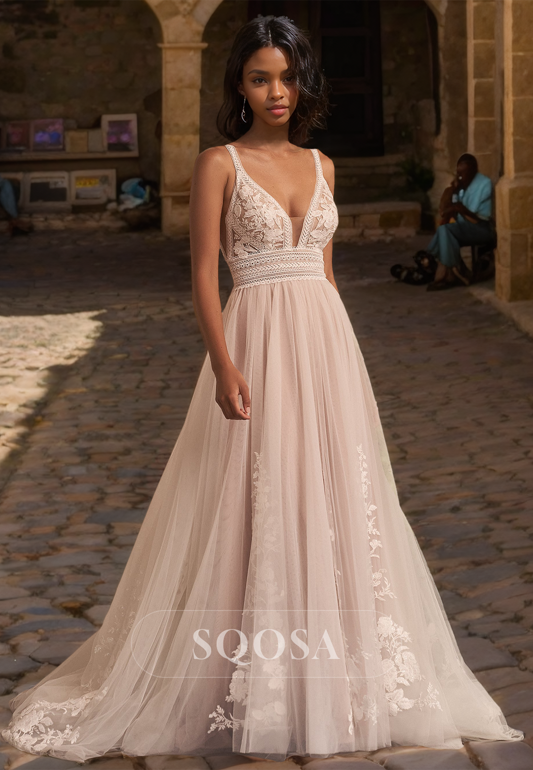 Spaghetti Straps Deep V-Neck A-Line Wedding Dress Applique Cutout Tulle Bride Gowns with Train White / US14 Spaghetti Straps Deep V-Neck A-Line Wedding Dress Applique Cutout Tulle Bride Gowns with Train White / US14