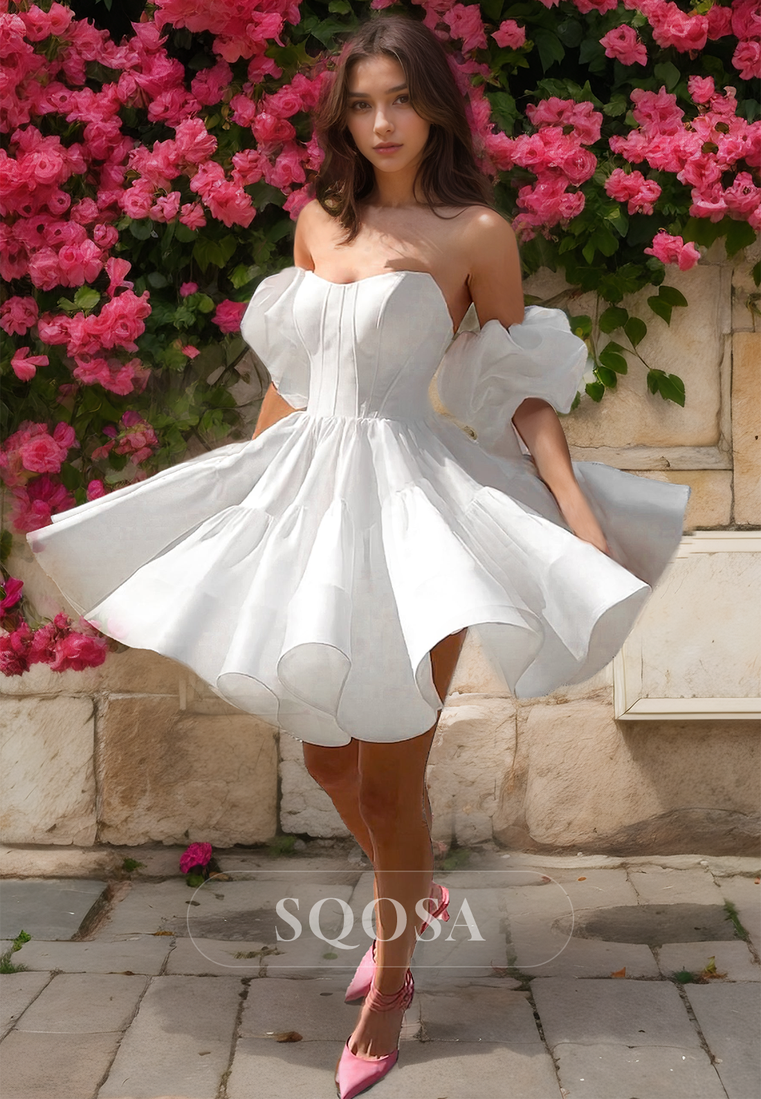 Puff-Sleeves Sweetheart Off-Shoulder Pleated Satin A-Line Short Boho B SQOSA Puff-Sleeves Sweetheart Off-Shoulder Pleated Satin A-Line Short Boho B SQOSA