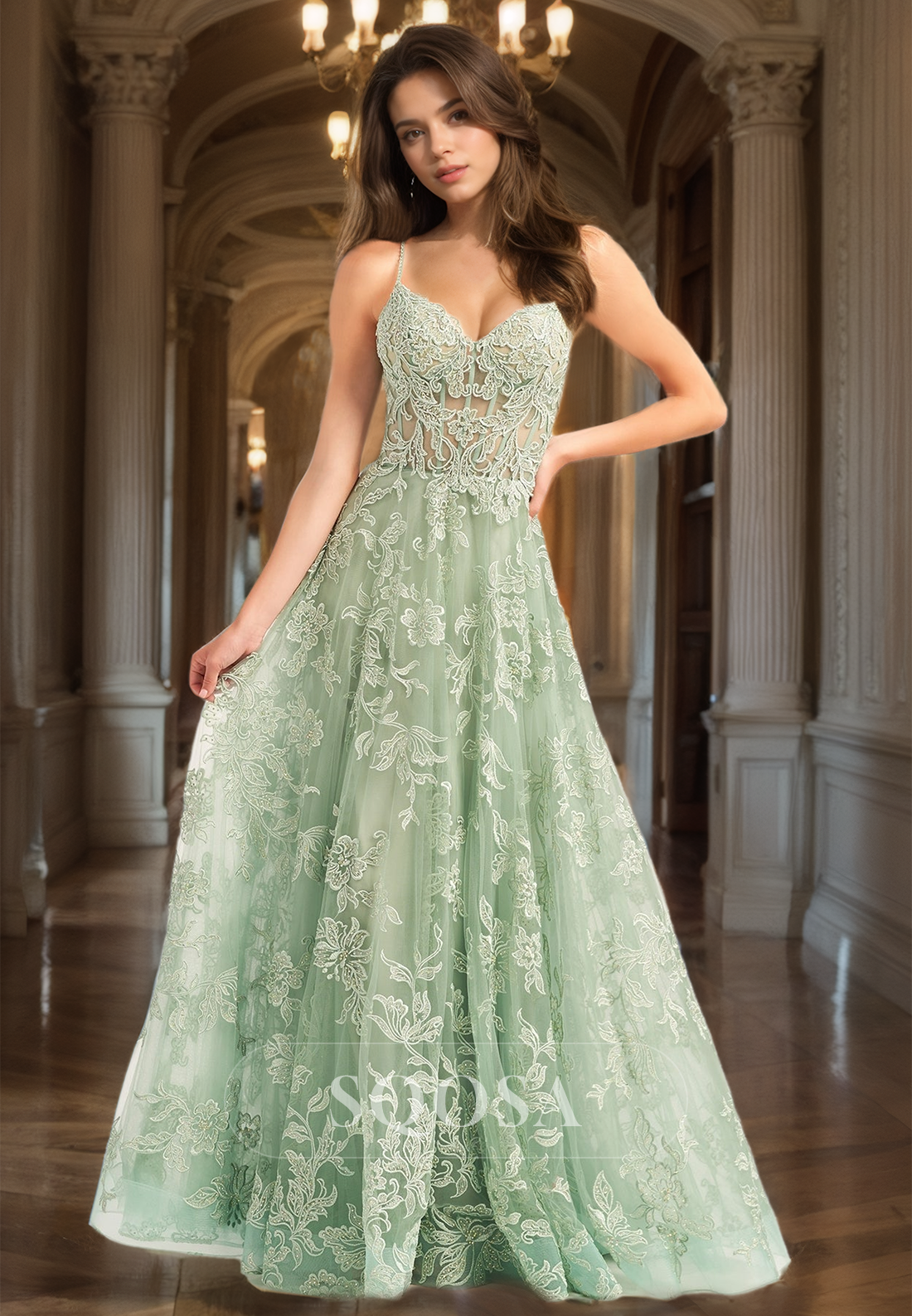 A-Line V-Neck Spaghetti Straps Sleeveless Prom Dress Off-Shoulder Lace Applique Cutout Formal Gowns A-Line V-Neck Spaghetti Straps Sleeveless Prom Dress Off-Shoulder Lace Applique Cutout Formal Gowns