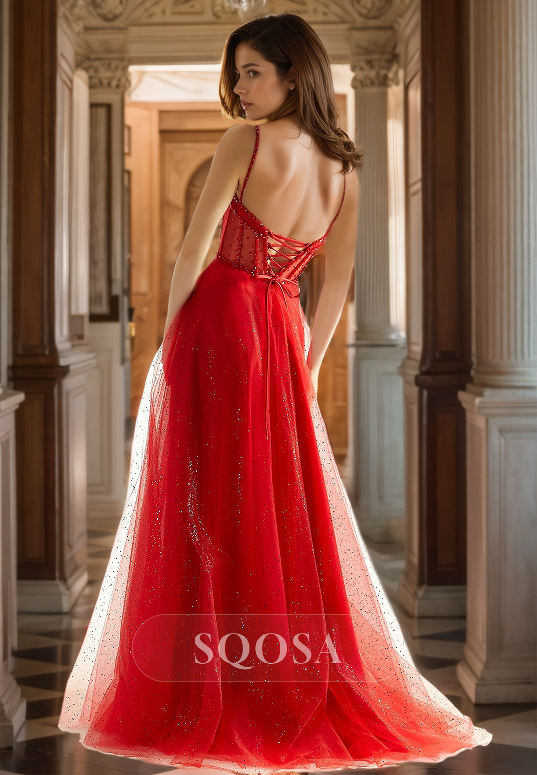 Spaghetti Straps Off-Shoulder Beaded Tulle High Slit Formal Gowns Sweetheart Sleeveless A-Line Prom Dress