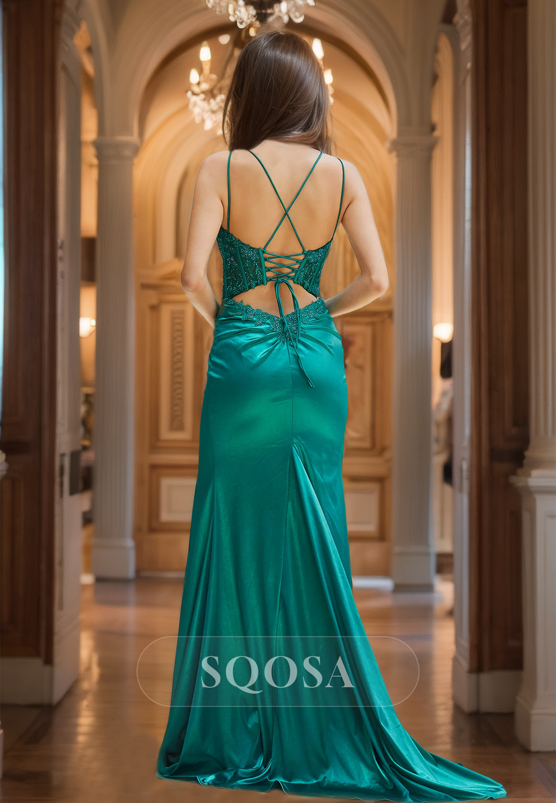 Spaghetti Straps Off-Shoulder Sleeveless Party Gowns Scoop-Neck Beaded Applique Pleated Mermaid Prom Dress