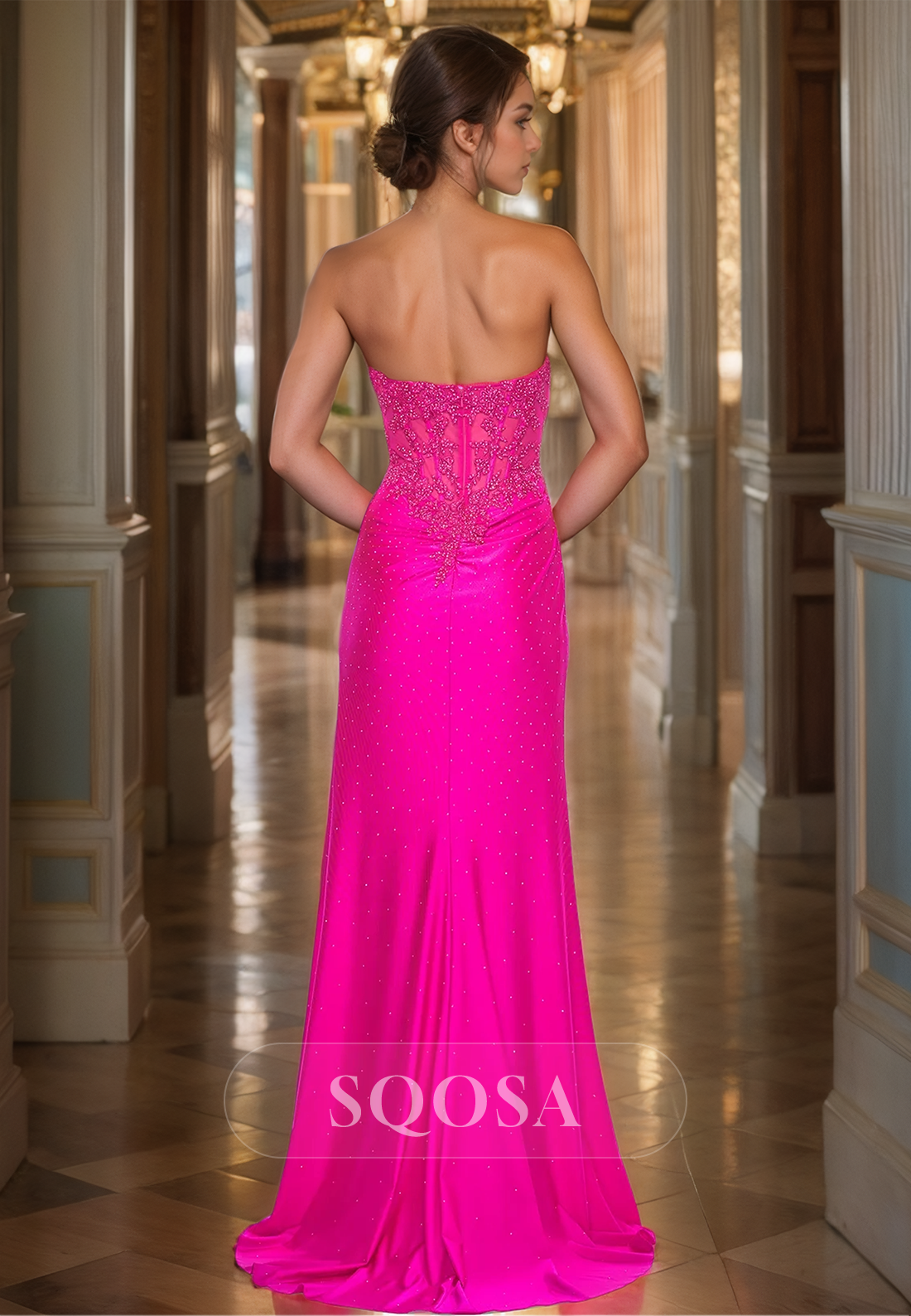 Strapless Sweetheart Sleeveless Fitted Prom Dress Pleated Beaded Applique High Slit Formal Gowns