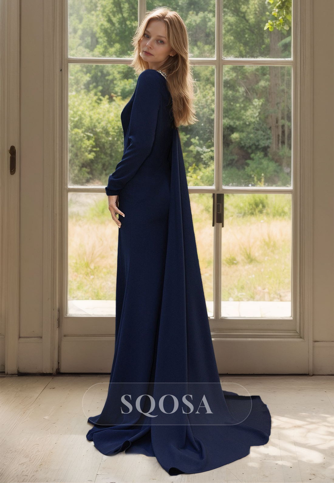 Asymmetrical-Neck Beaded Fitted Cocktail Gowns One-Long-Sleeve High Slit Mother of the Bride Dress