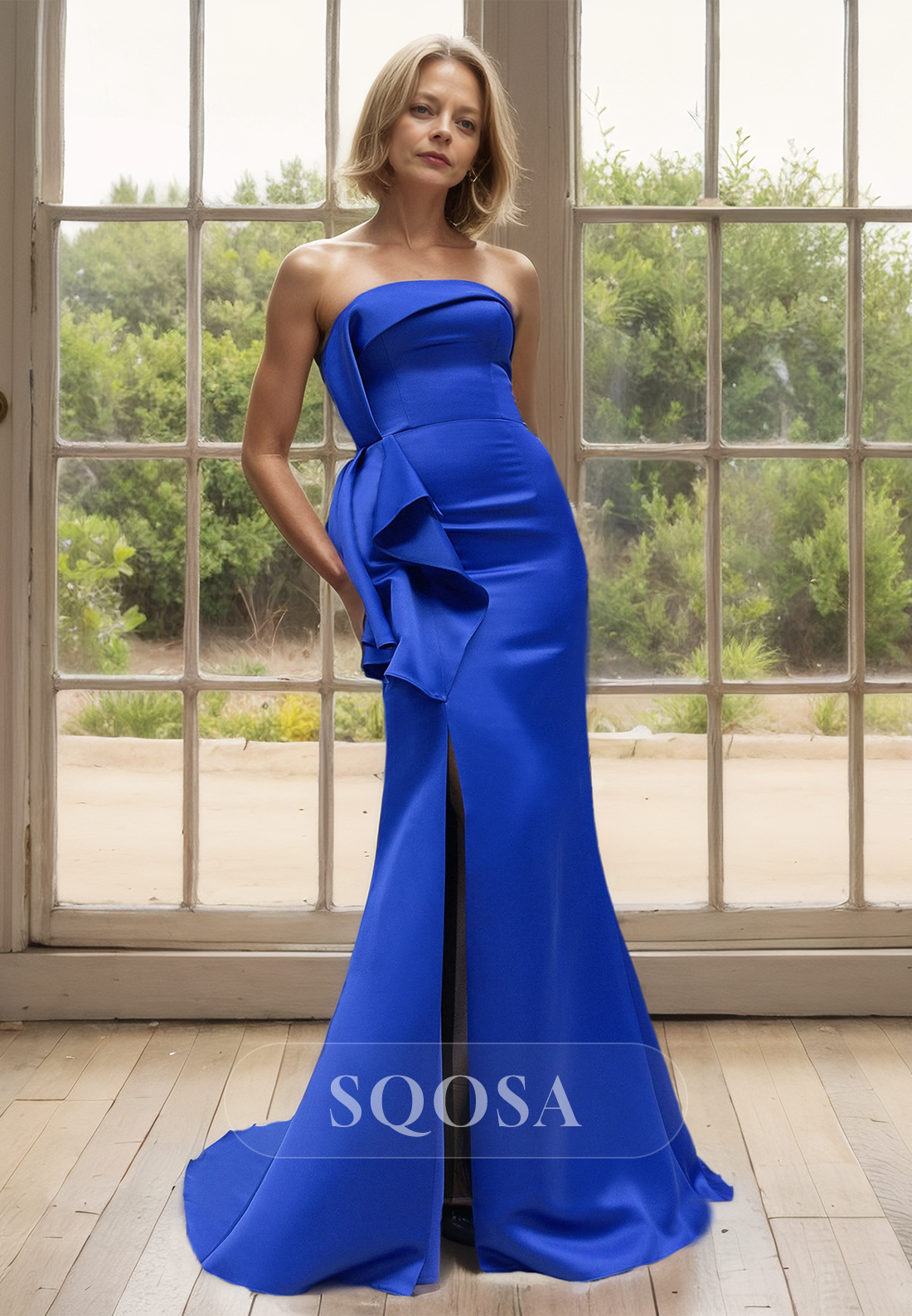 Sleeveless Tube Top SatinMermaid Mother of the Bride Dress Pleated Tra SQOSA Sleeveless Tube Top SatinMermaid Mother of the Bride Dress Pleated Tra SQOSA