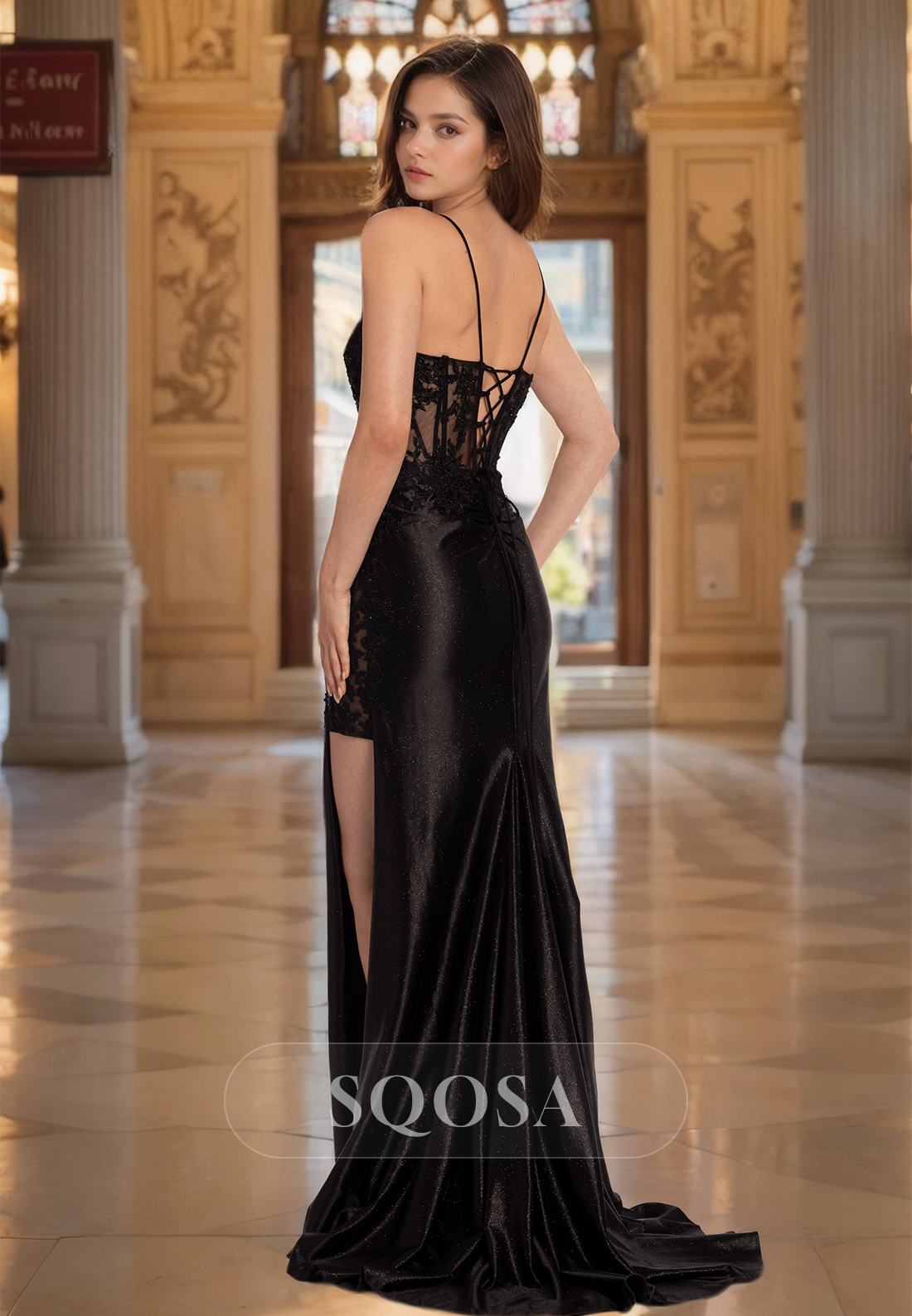 Sweetheart Spaghetti Straps Off-Shoulder Sleeveless Beaded Applique Mermaid Prom Dress with High Slit