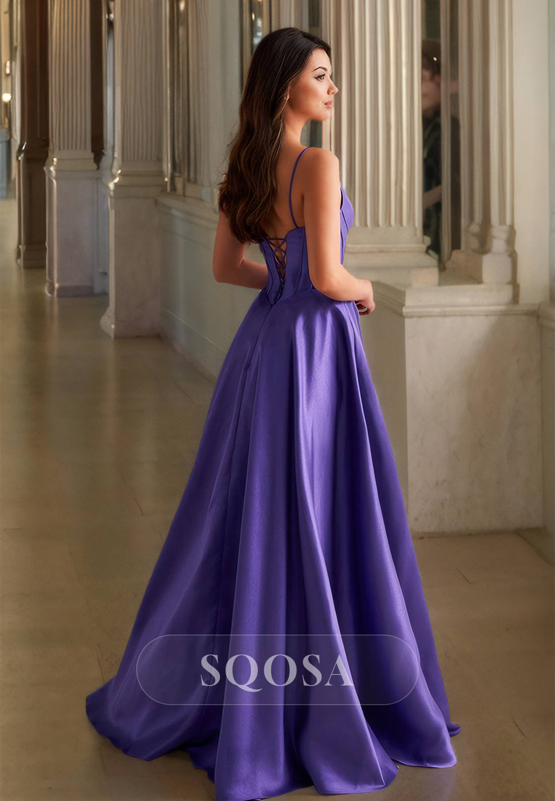 Scoop-Neck Spaghetti Straps Off-Shoulder Sleeveless Pleated Floor-Length Prom Dress with High Slit