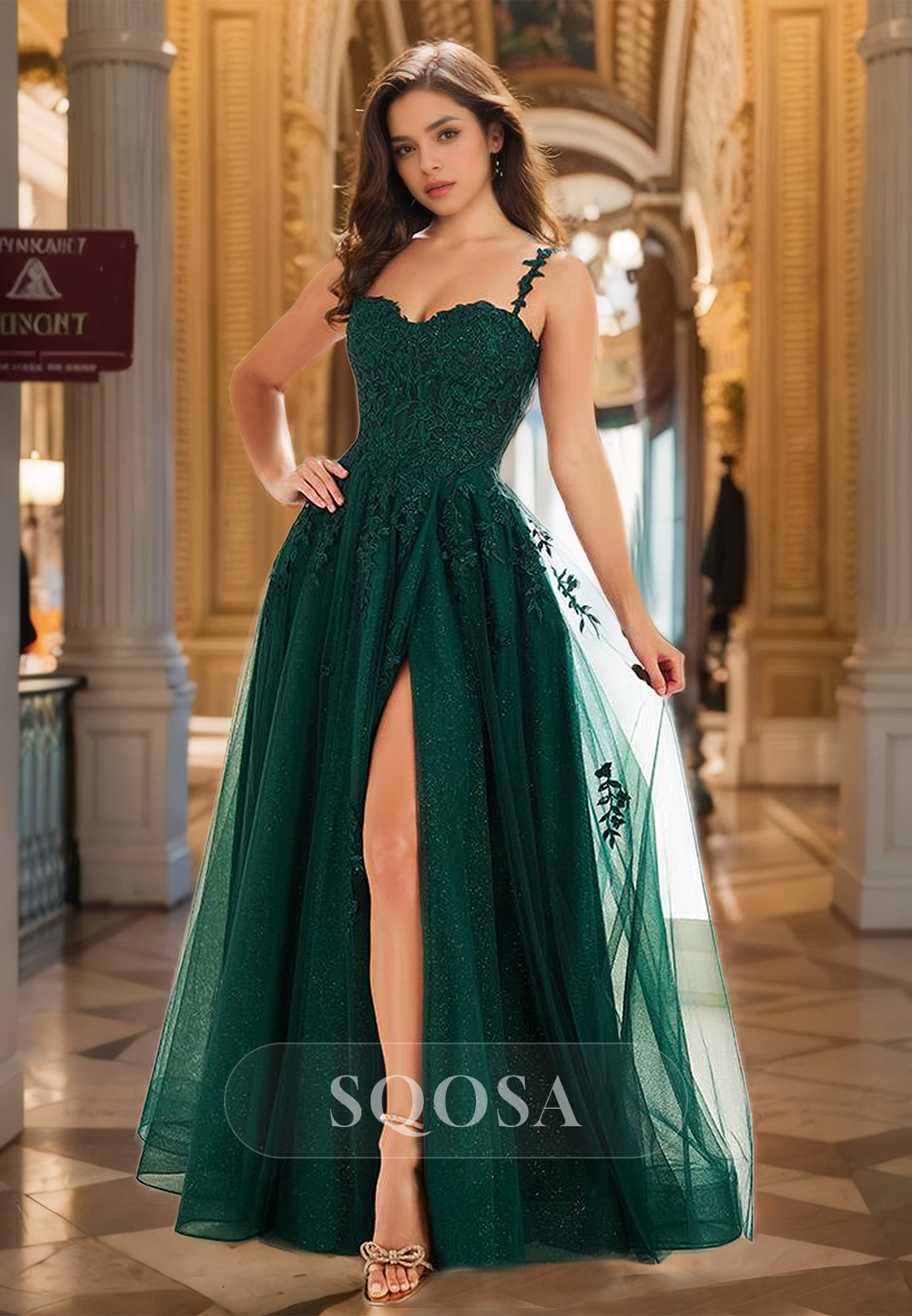 Spaghetti Straps Sleeveless Off-Shoulder A-Line Prom Dress Sweetheart SQOSA Spaghetti Straps Sleeveless Off-Shoulder A-Line Prom Dress Sweetheart SQOSA