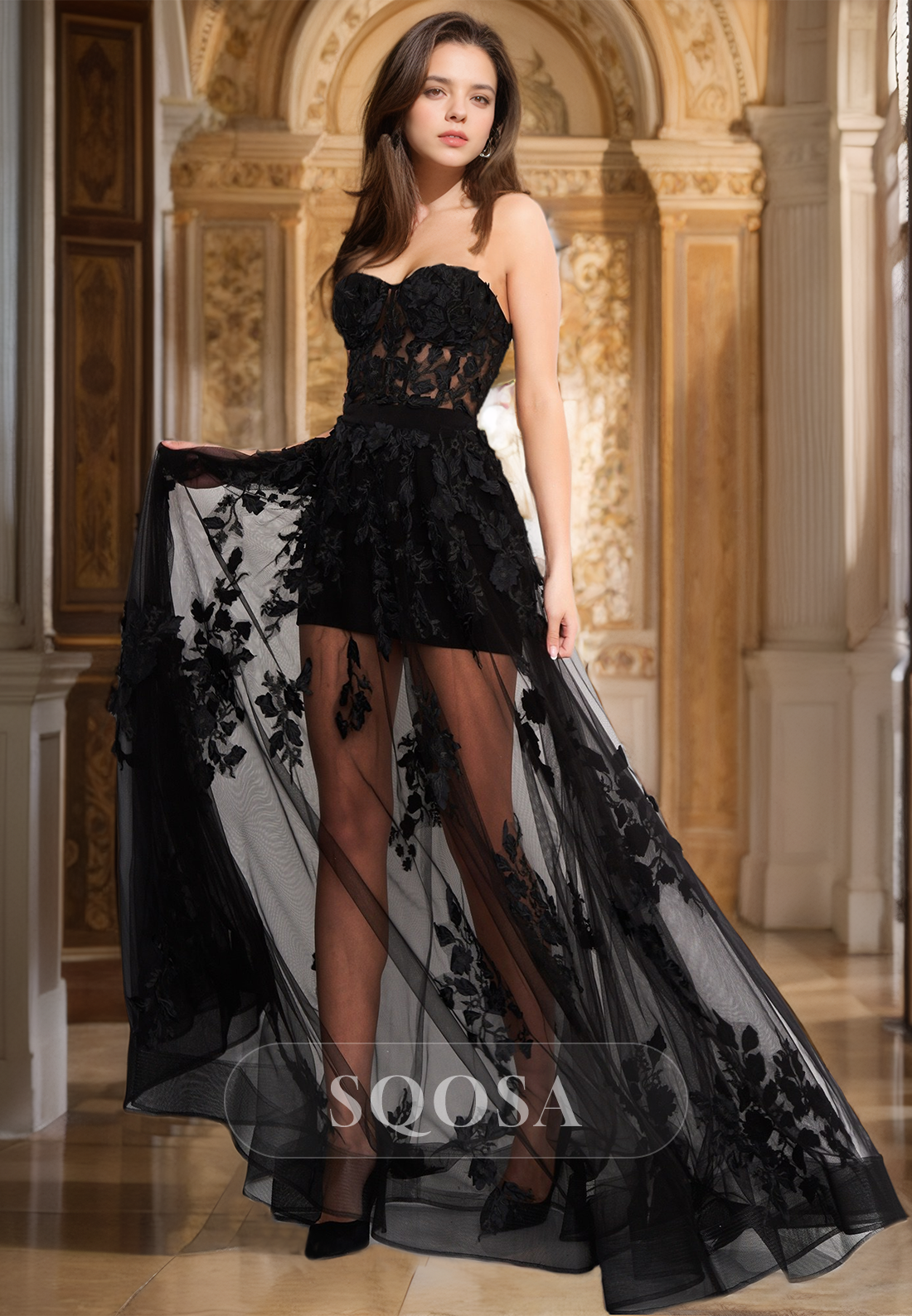 Sweetheart Off-Shoulder Sleeveless Lace Applique Pleated Short Prom Dress with Tulle Overskirt Black / US6 Sweetheart Off-Shoulder Sleeveless Lace Applique Pleated Short Prom Dress with Tulle Overskirt Black / US6