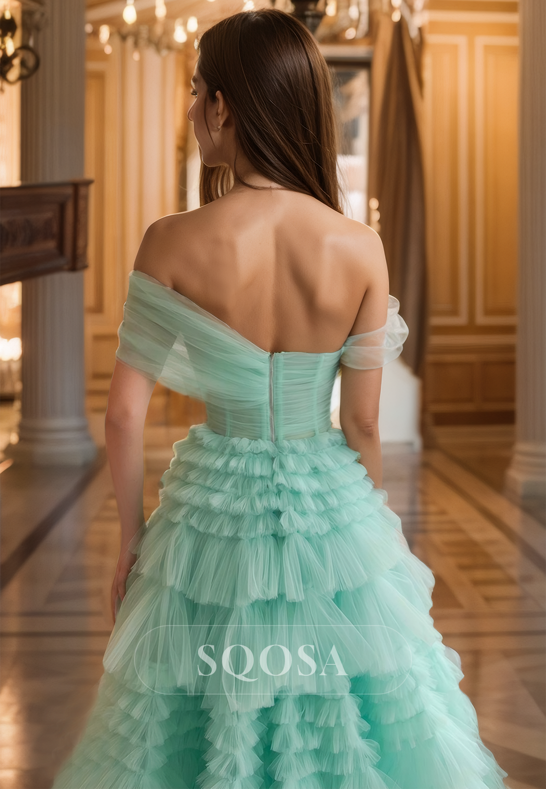 Asymmetrical-Neck Sleeveless Long Formal Gowns Sleeveless Pleated Tiered Tulle A-Line Prom Dress
