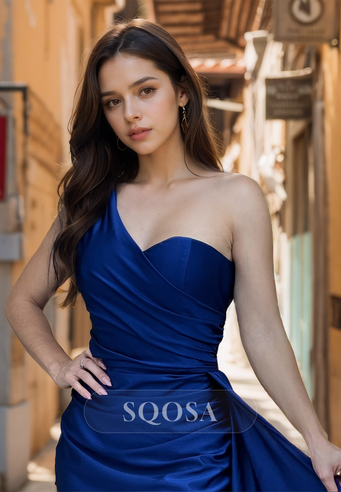 Sweetheart One-Strap Off-Shoulder Mermaid Prom Dress Satin Pleated Sweep Train Party Gowns