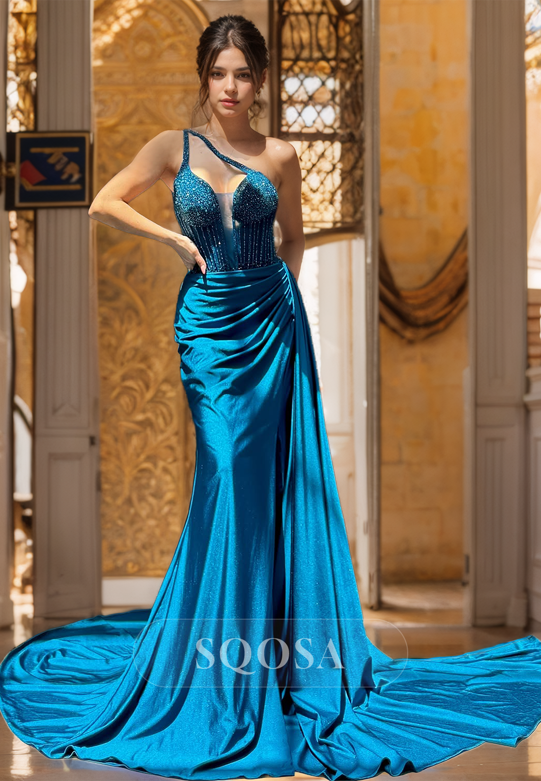 Asymmetrical Spaghetti Straps Sweetheart Party Gowns Sleeveless Pleated Beaded Mermaid Prom Dress with Train Asymmetrical Spaghetti Straps Sweetheart Party Gowns Sleeveless Pleated Beaded Mermaid Prom Dress with Train
