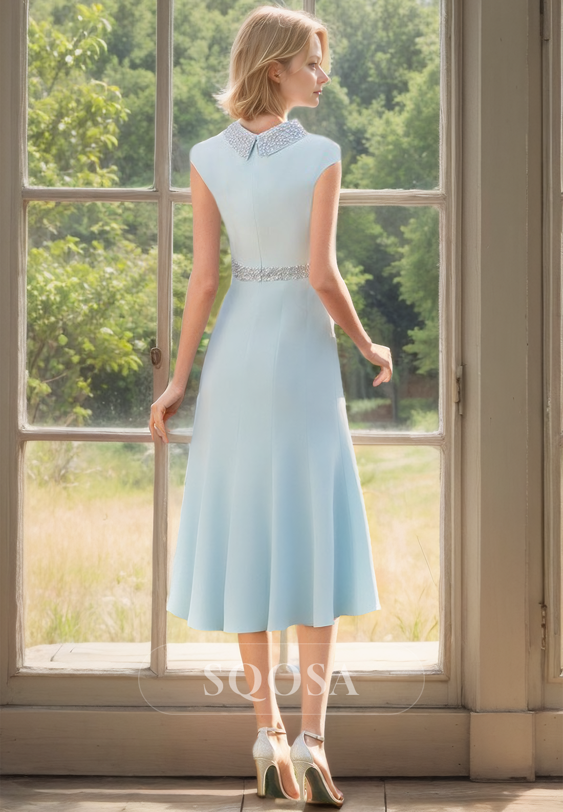 High Scoop-Neck Sleeveless Chiffon Cocktail Gowns Beaded Knee-Length A-Line Mother of the Bride Dress