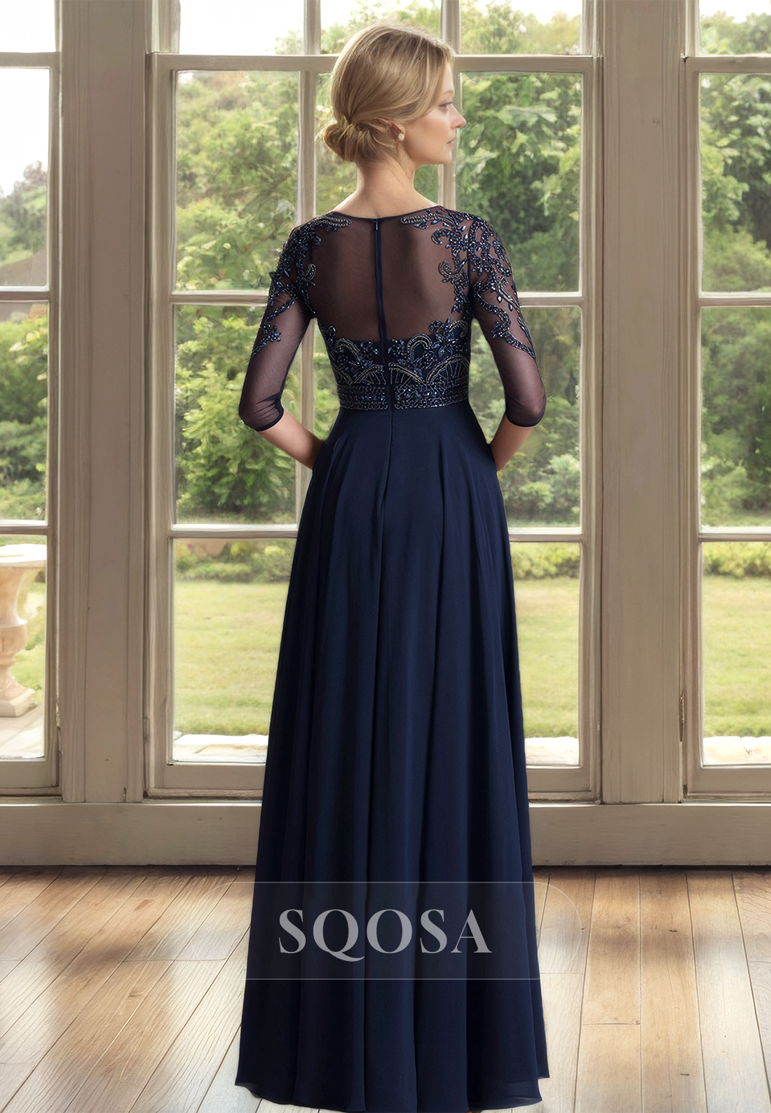 A-Line Half-Sleeves Beaded Mother of the Bride Dress Scoop-Neck Sheer Floor-Length Cocktail Gowns