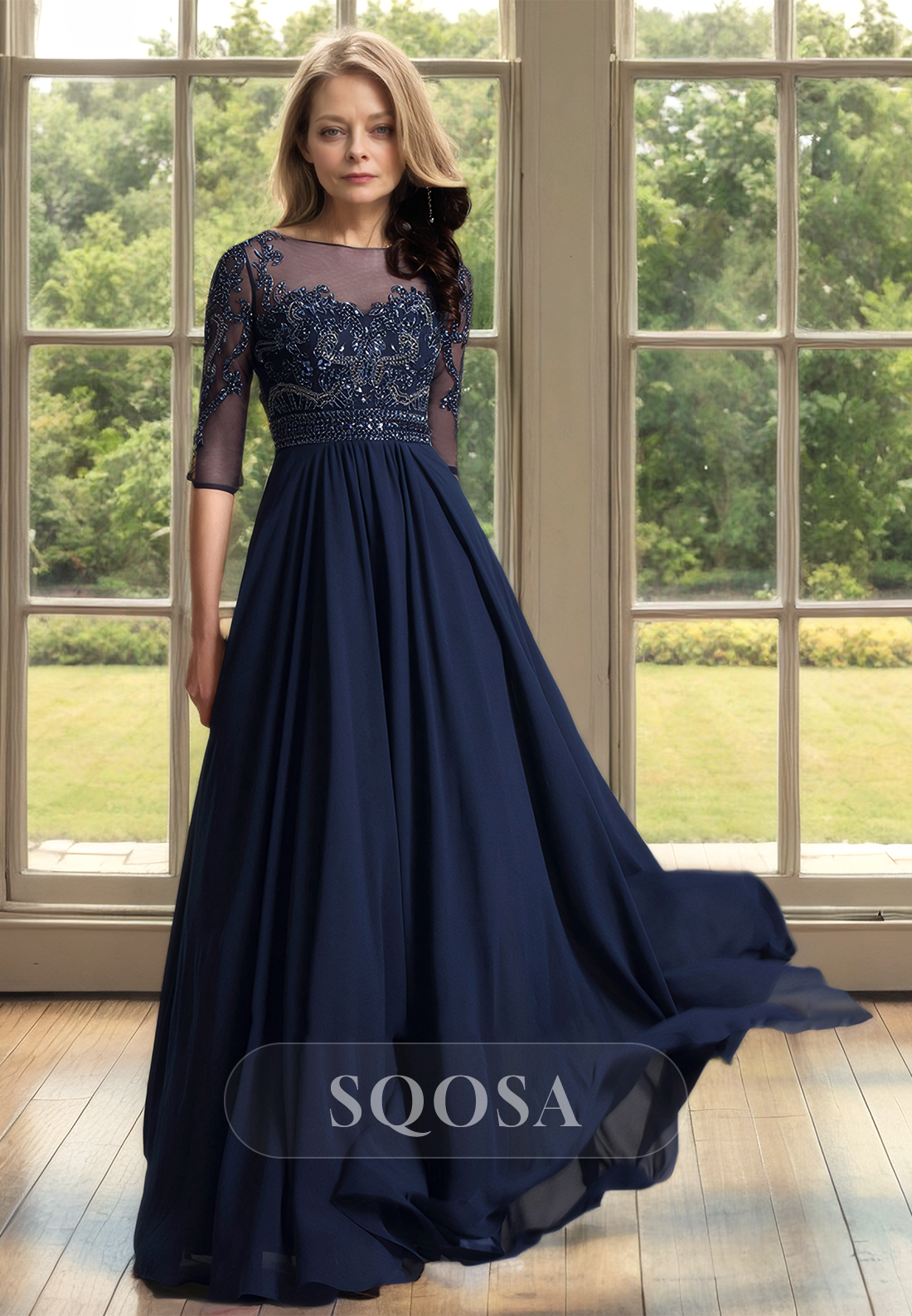 A-Line Half-Sleeves Beaded Mother of the Bride Dress Scoop-Neck Sheer Floor-Length Cocktail Gowns Dark Navy / US6 A-Line Half-Sleeves Beaded Mother of the Bride Dress Scoop-Neck Sheer Floor-Length Cocktail Gowns Dark Navy / US6