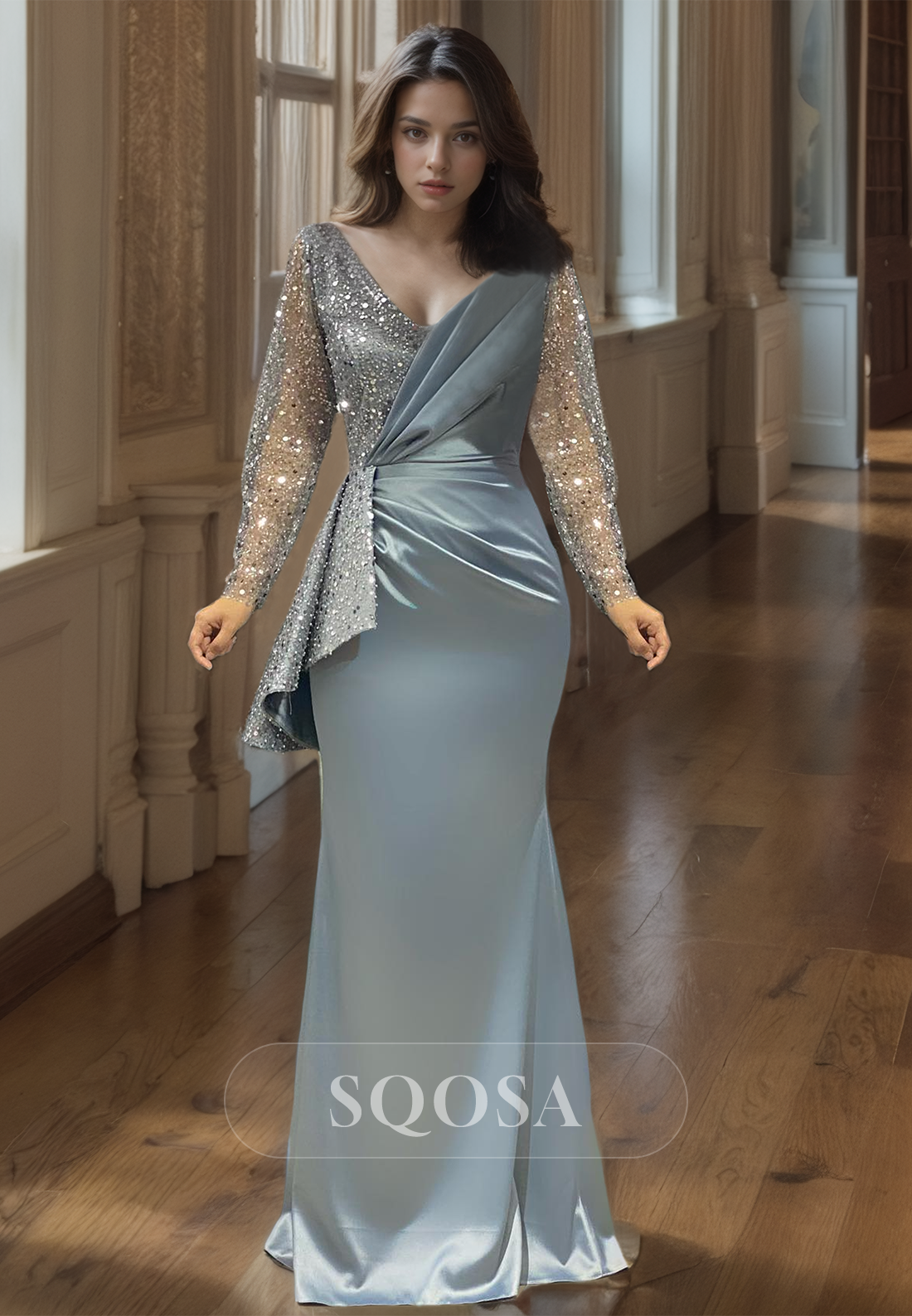 V-Neck Glitter-Knit Long-Sleeves Pleated Sequined Floor-Length Satin Mermaid Prom Dress Mist / US2 V-Neck Glitter-Knit Long-Sleeves Pleated Sequined Floor-Length Satin Mermaid Prom Dress Mist / US2