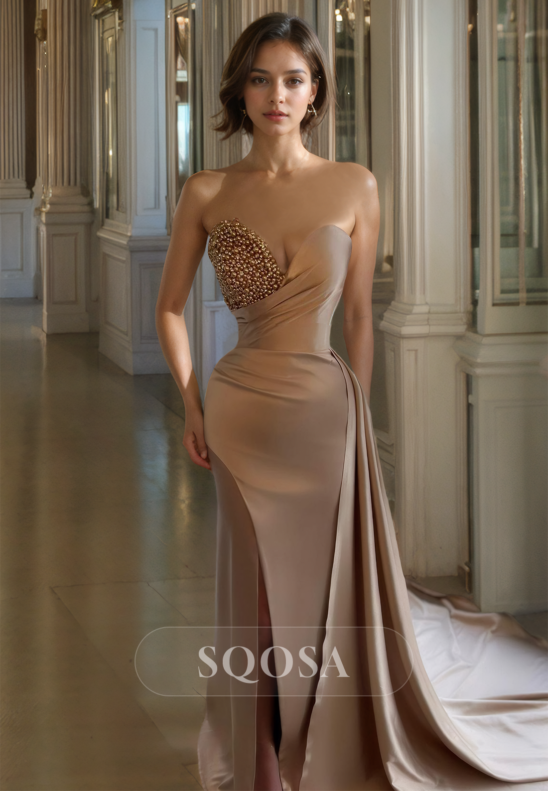 Off-Shoulder Sleeveless Satin Mermaid Prom Dress Beaded Pearl Pleated High Slit Train Formal Gowns