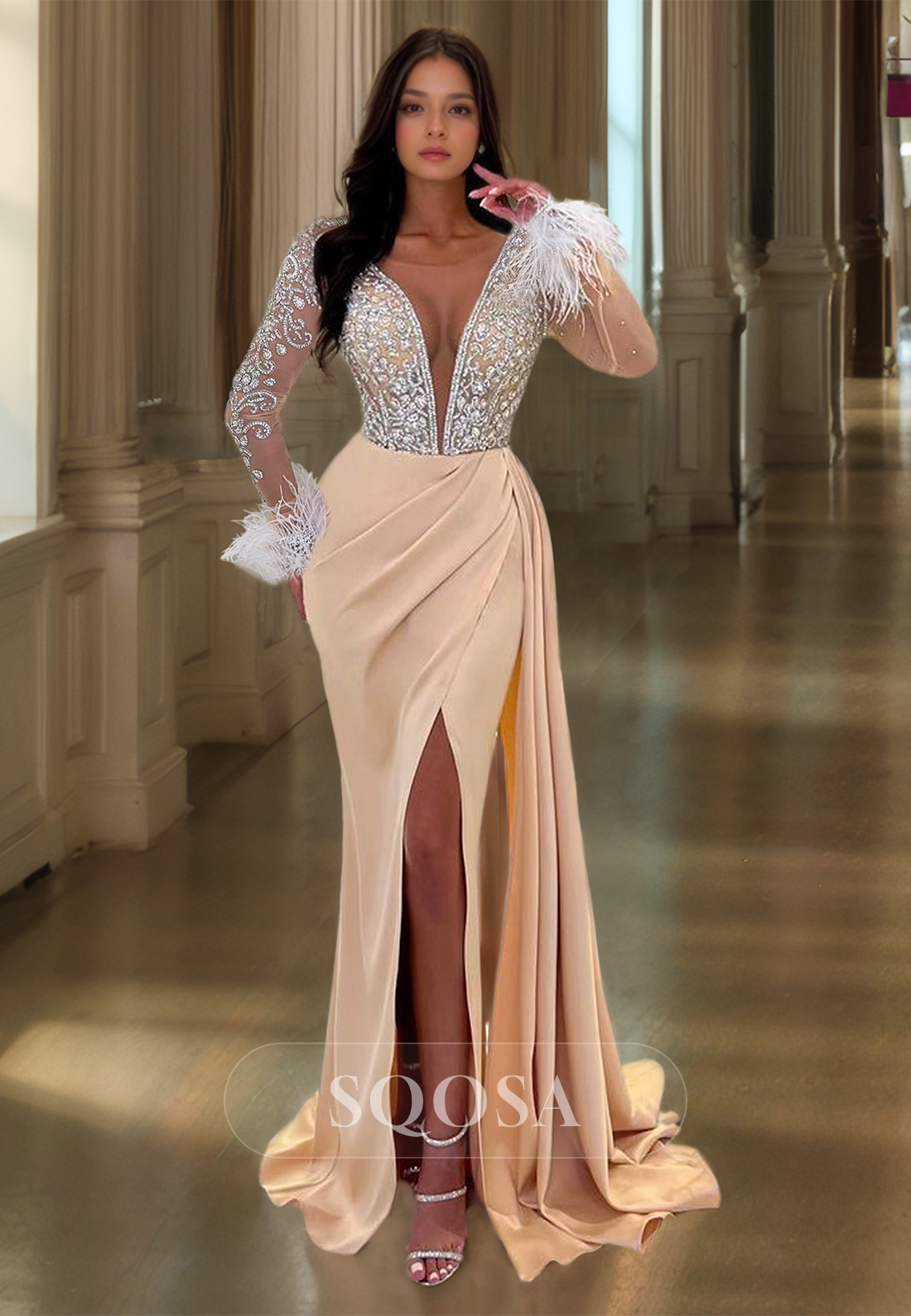 Deep V-Neck Long-Sleeves Pleated Prom Dress Beaded Applique High Slit Feathered Formal Gowns Deep V-Neck Long-Sleeves Pleated Prom Dress Beaded Applique High Slit Feathered Formal Gowns