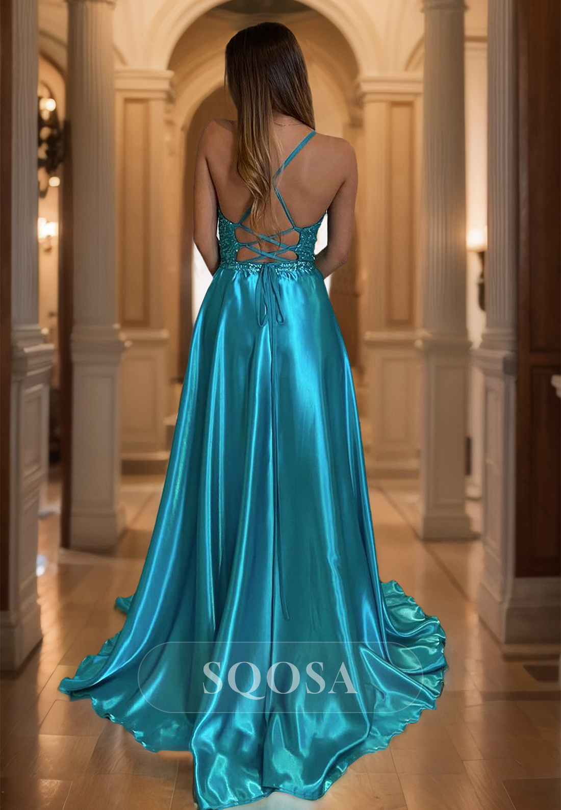 Deep V-Neck Spaghetti Straps Sleeveless Formal Gowns Sequined Pleated Satin A-Line Prom Dress