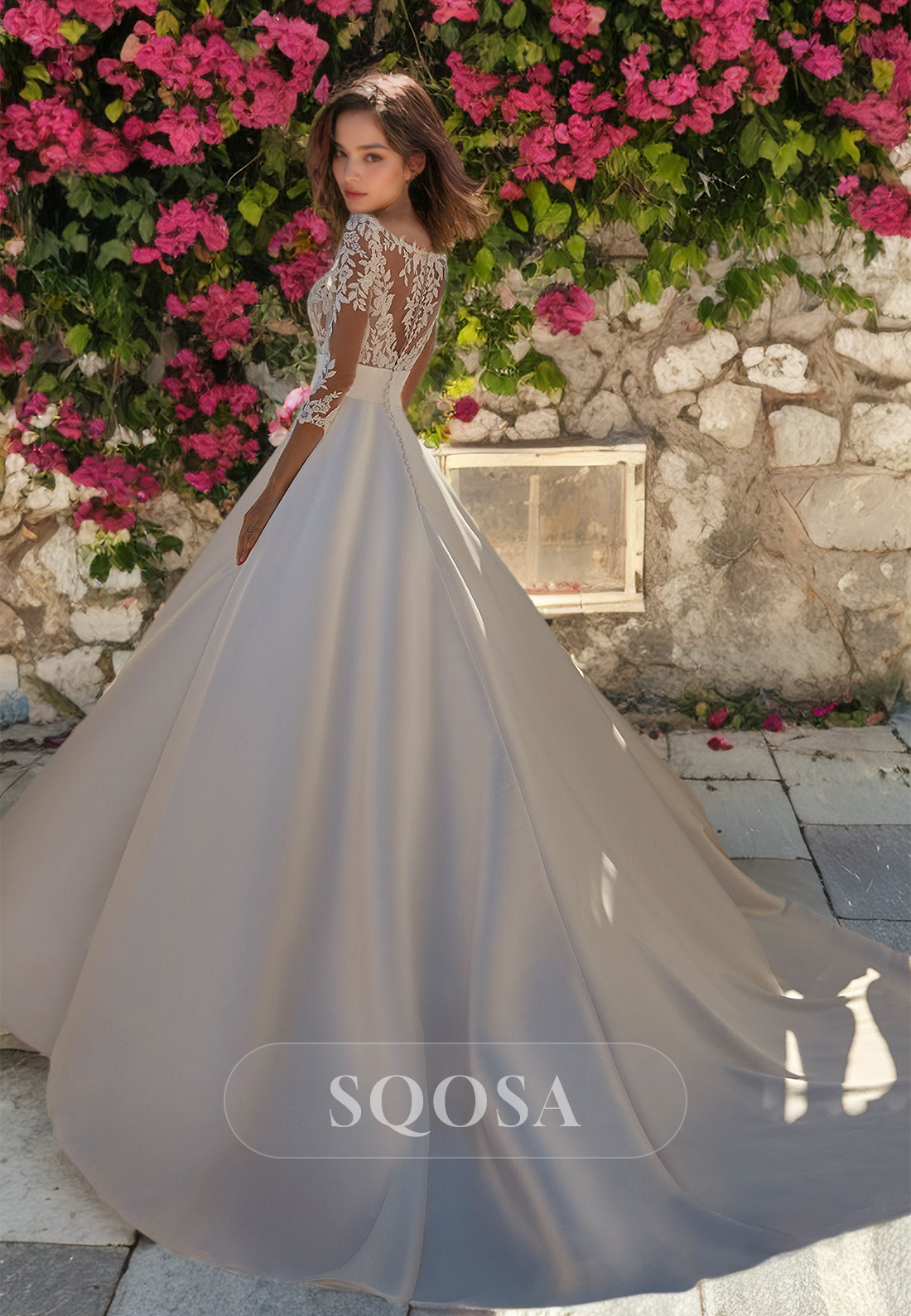 Half-Sleeves V-Neck Strapless Applique Sheer Satin A-Line Wedding Dress with Train