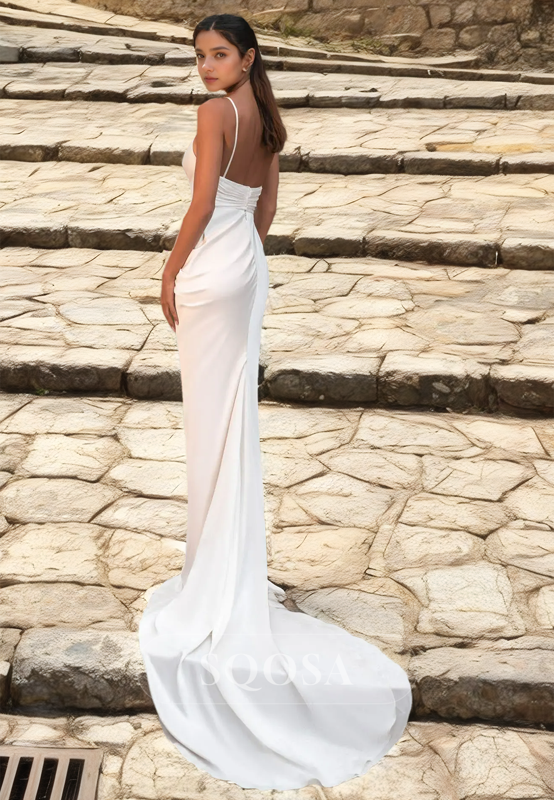 Pleated V-Neck Spaghetti Straps Bead-Fringed Sweep Train Fitted Boho Wedding Dress with High Slit