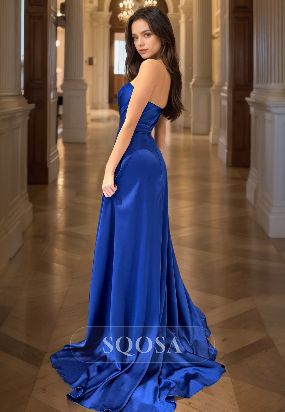 Sweetheart Off-Shoulder Sleeveless A-Line Prom Dress Pleated High Slit Satin Formal Gowns with Sweep Train