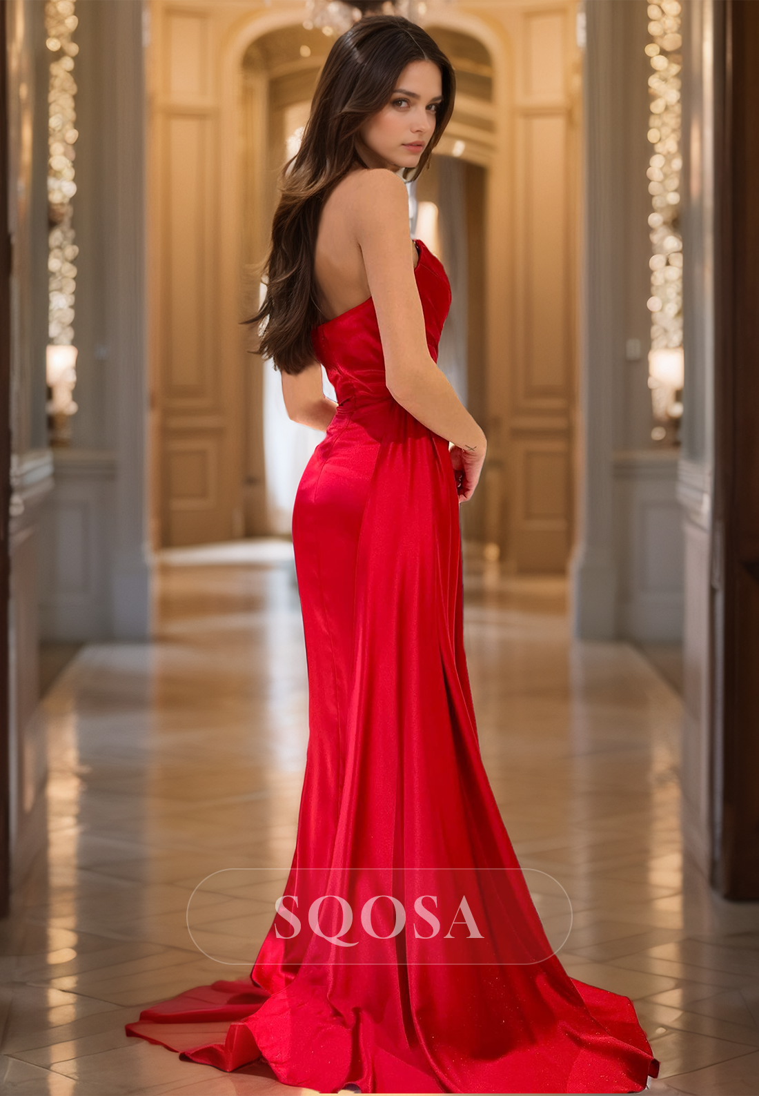 Sleeveless Pleated Sweep Train Mermaid Prom Dress Sweetheart Off-Shoulder Evening Gowns with Slit